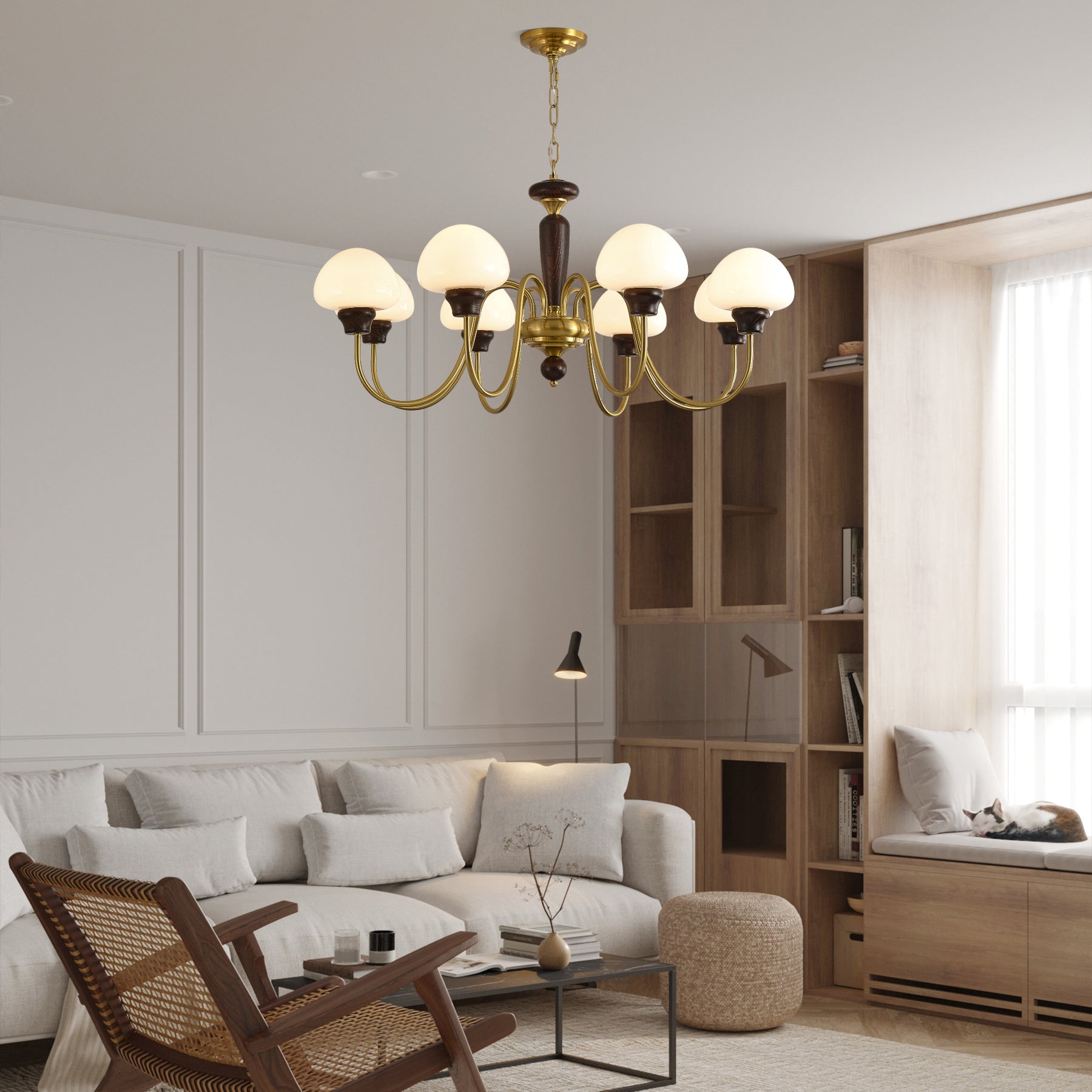 Lustra Chandelier Brass Wood Mushroom Classic-Neutral Decor