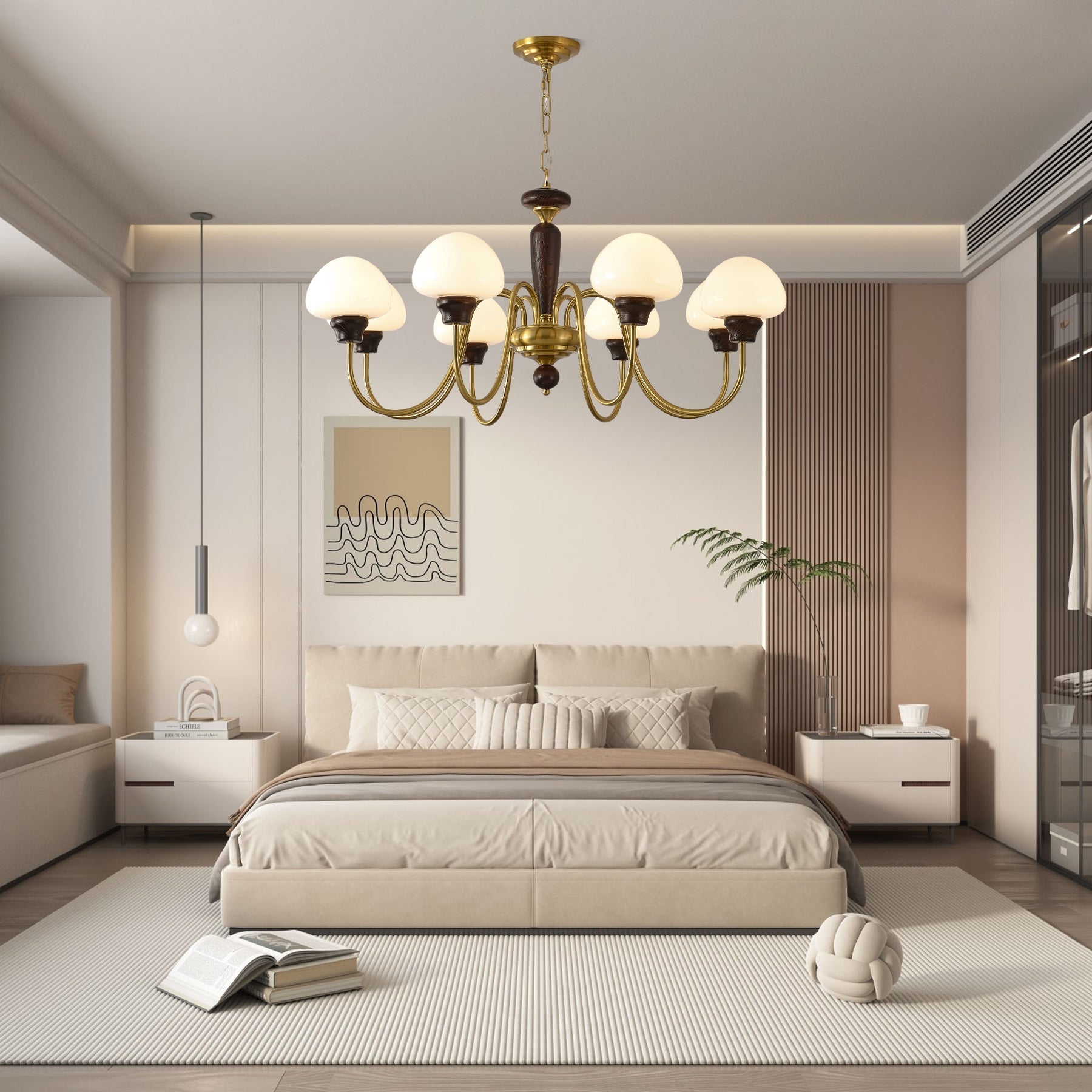 Lustra Chandelier Brass Wood Mushroom Classic-Neutral Decor