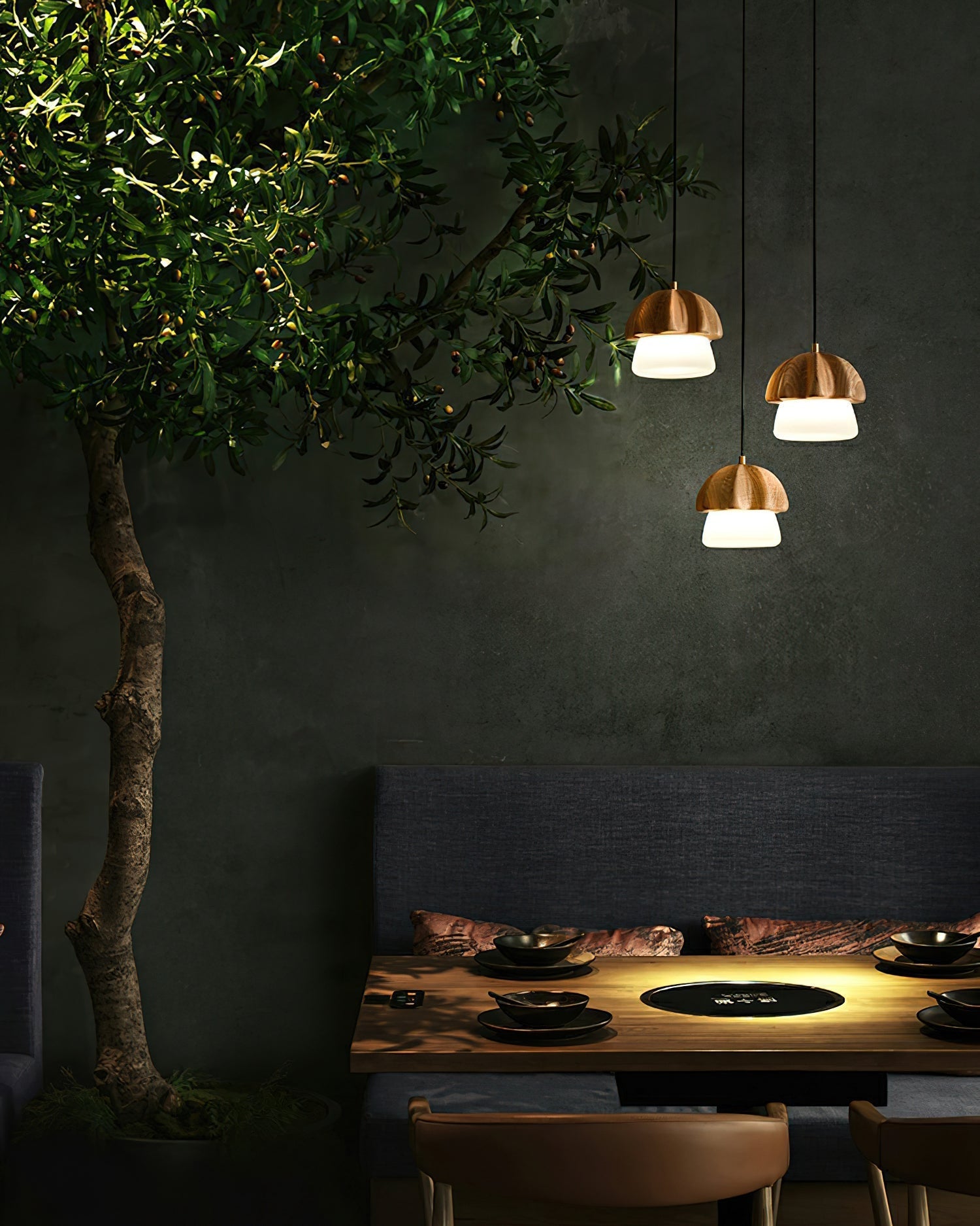 Indris Pendant Lamp Mushroom Cluster Wood & Glass-Neutral Decor