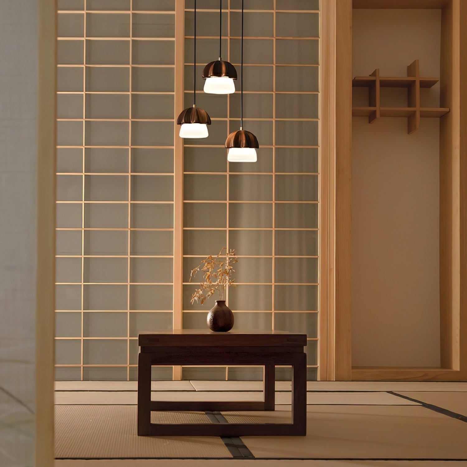 Indris Pendant Lamp Mushroom Cluster Wood & Glass-Neutral Decor