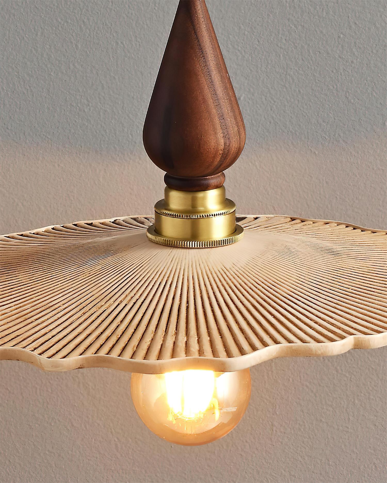 Vintage Mushroom Wooden & Brass Pendant Light