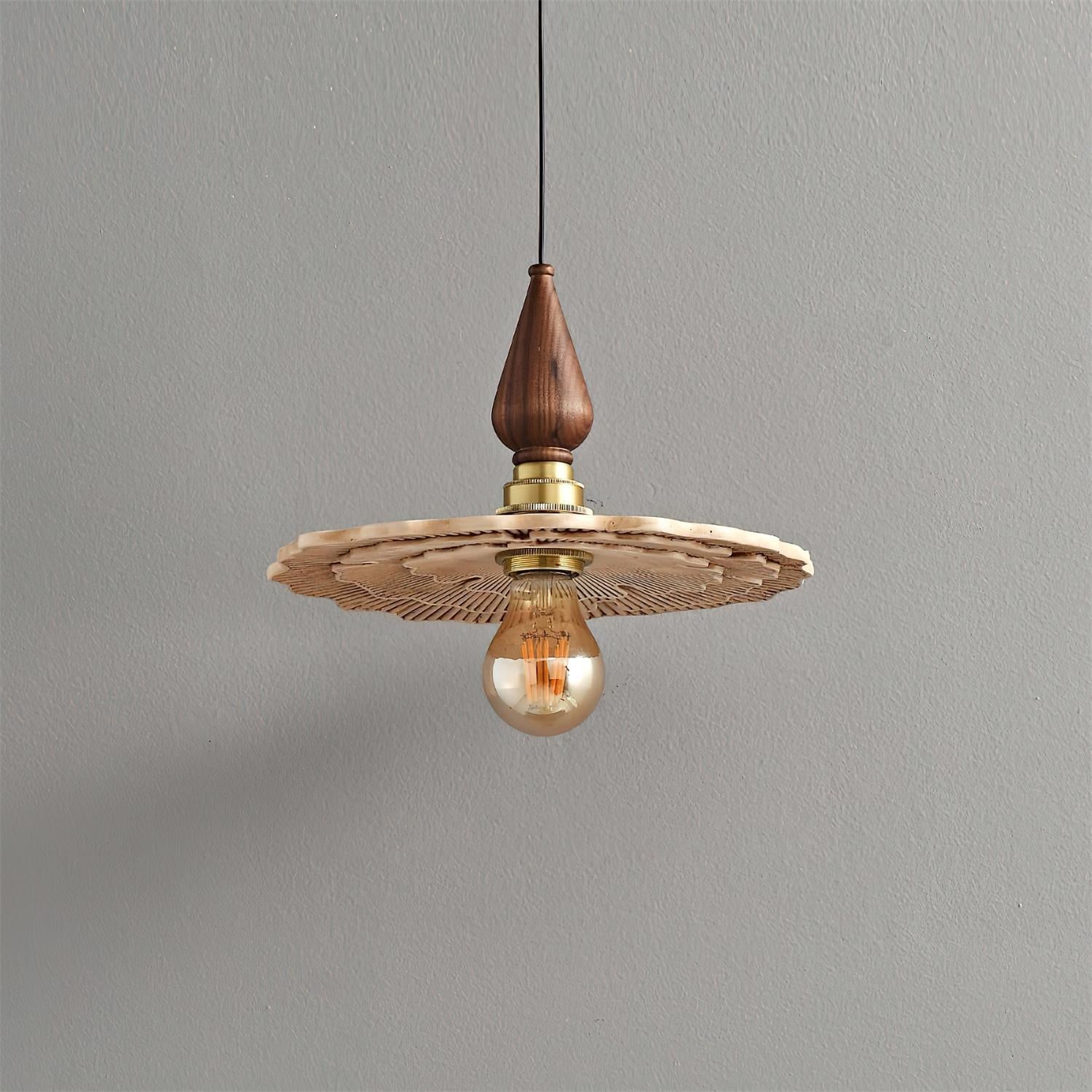 Vintage Mushroom Wooden & Brass Pendant Light