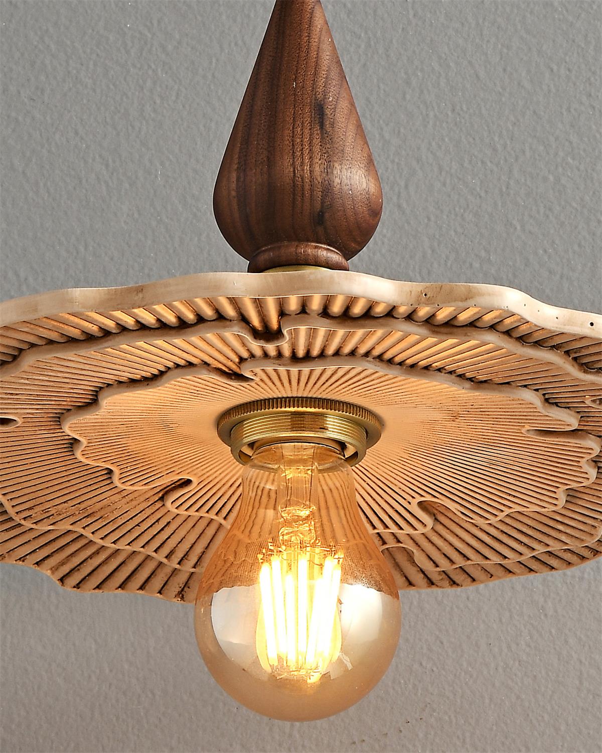Vintage Mushroom Wooden & Brass Pendant Light