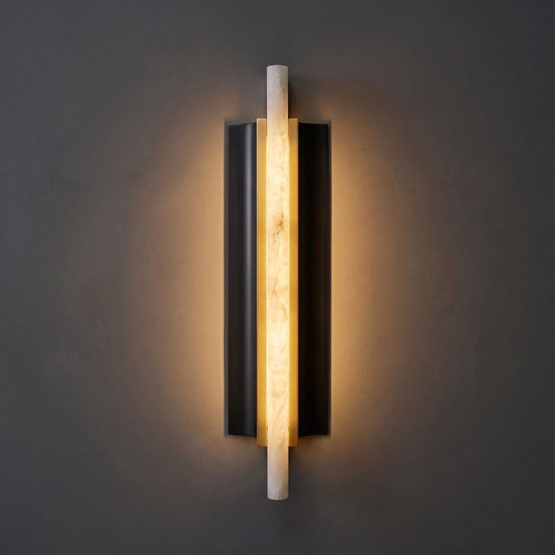 Horizontal alabaster sconce on an extending arm.