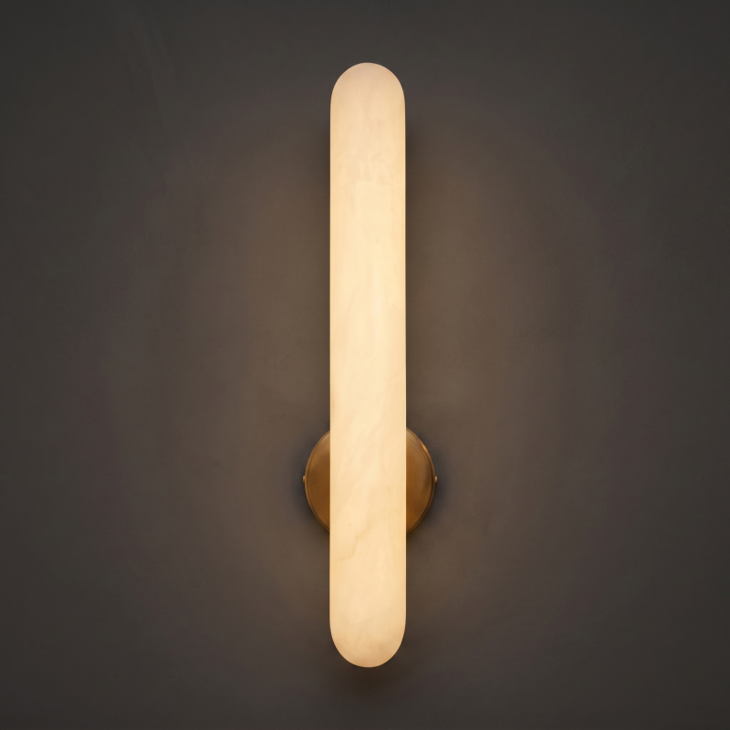 Front view of a square alabaster wall sconce.
