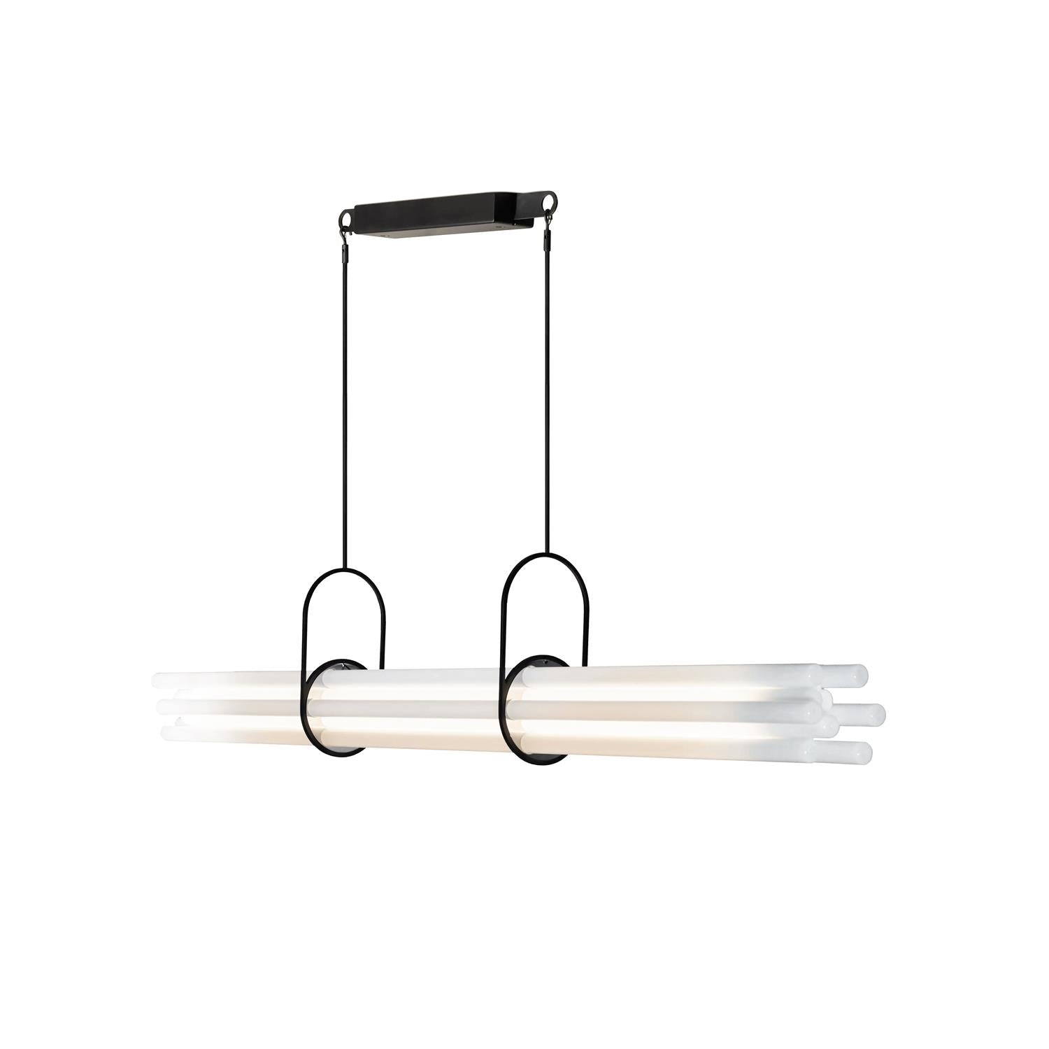Front view of the NL 12 minimalist brass and glass chandelier.