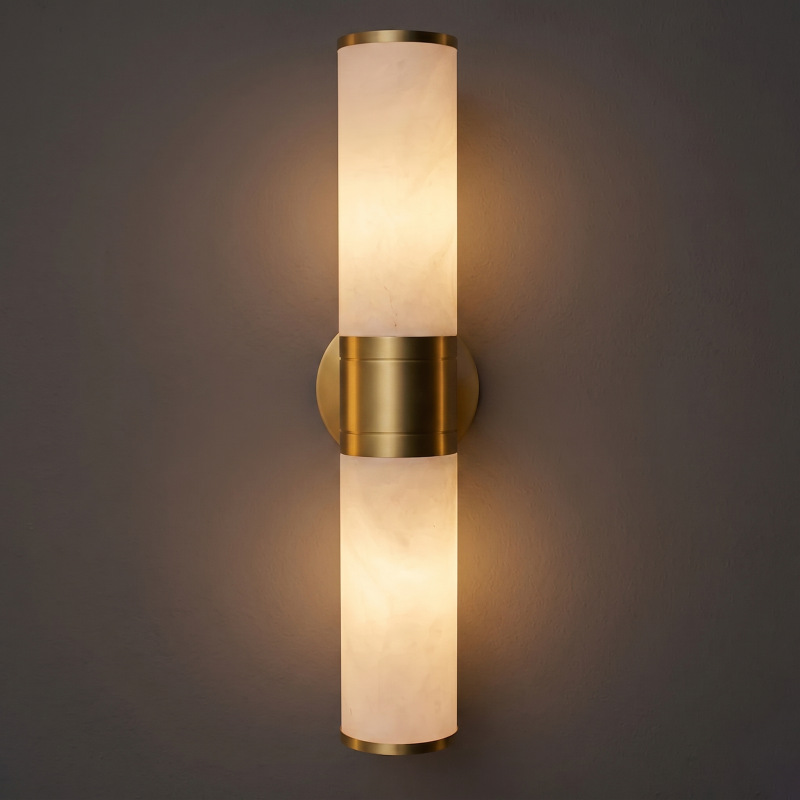 Application shot of alabaster sconces in a hotel lobby.