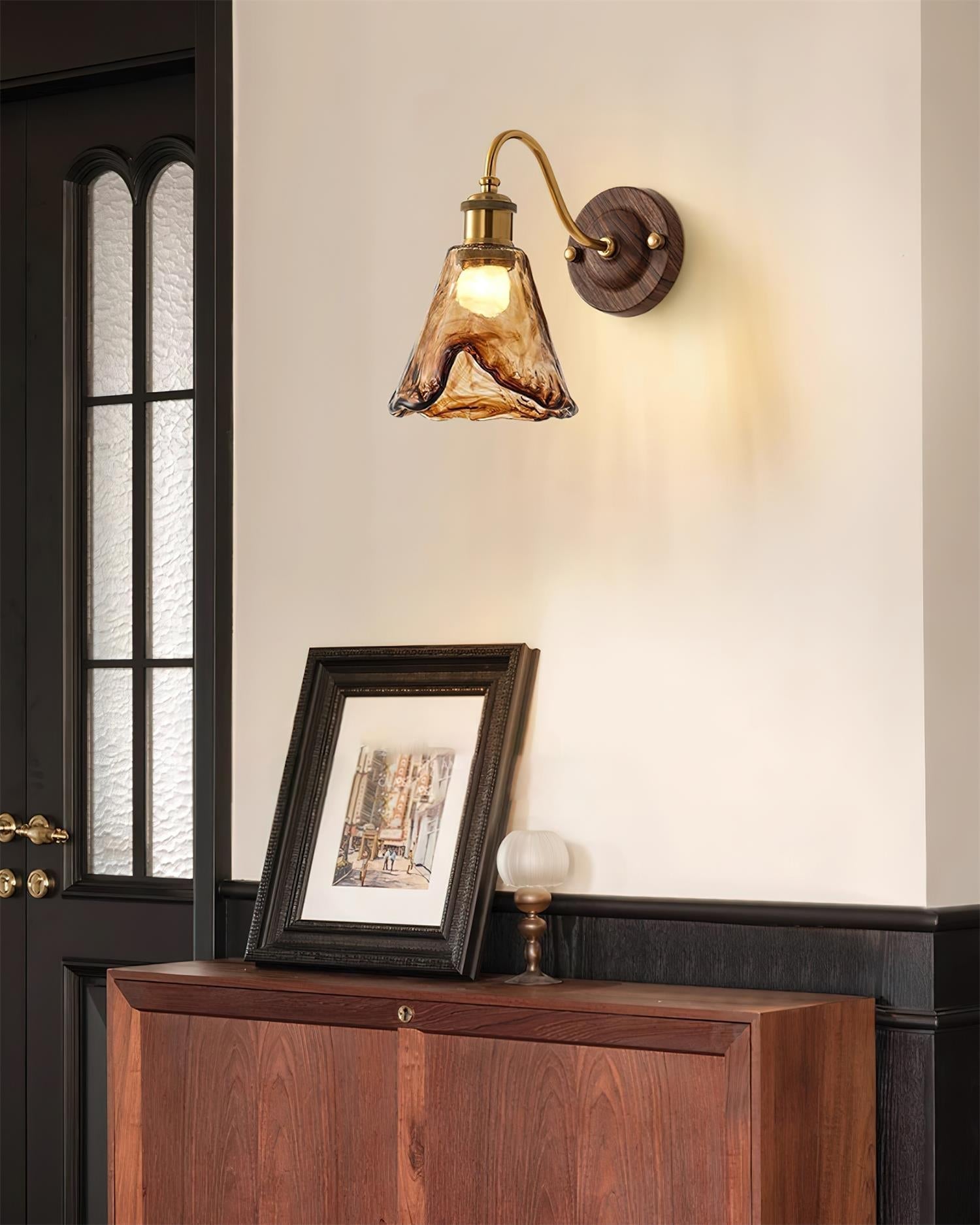 Nalia Wall Lamp Amber Glass Walnut Gold Vintage-Neutral Decor