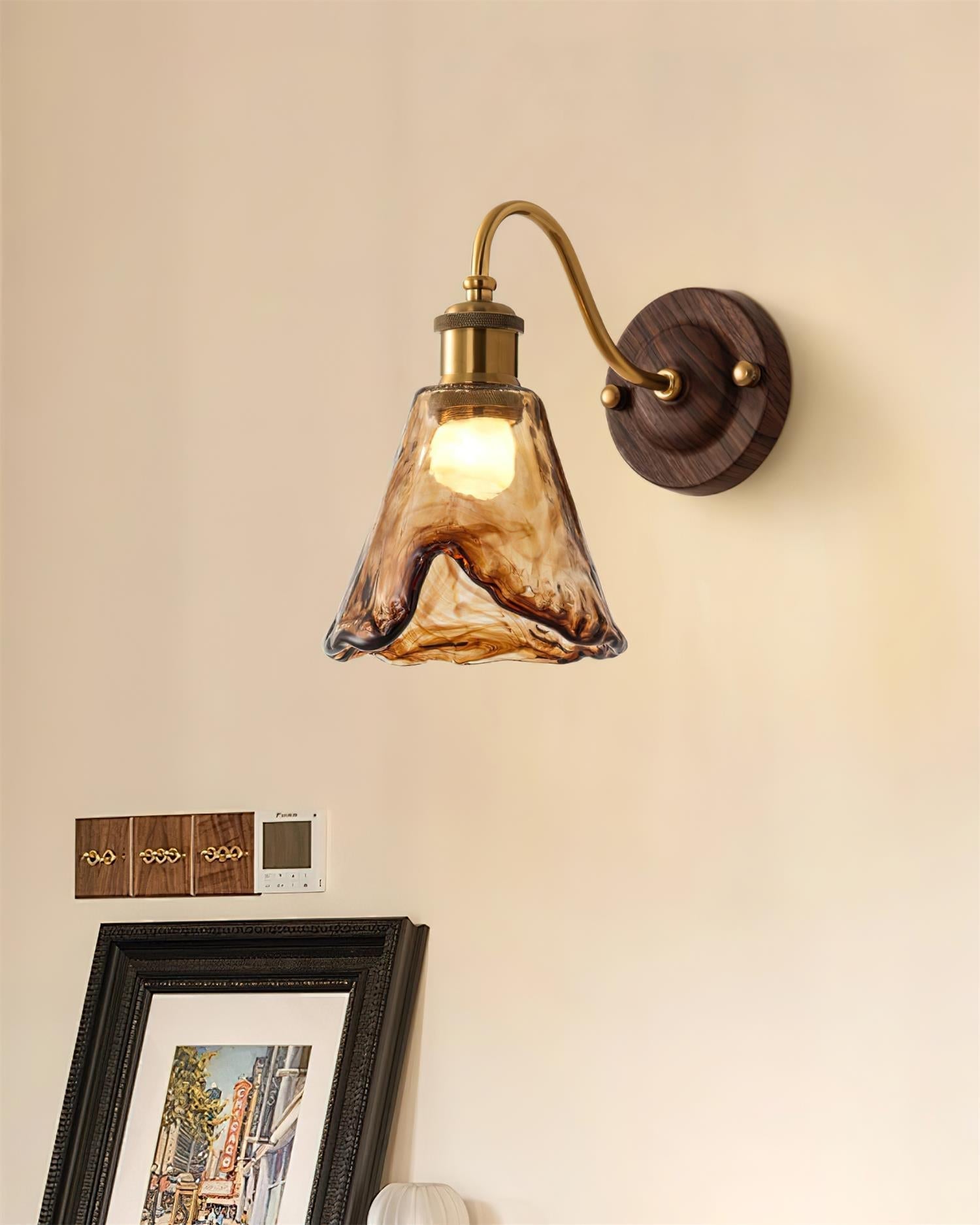 Nalia Wall Lamp Amber Glass Walnut Gold Vintage-Neutral Decor