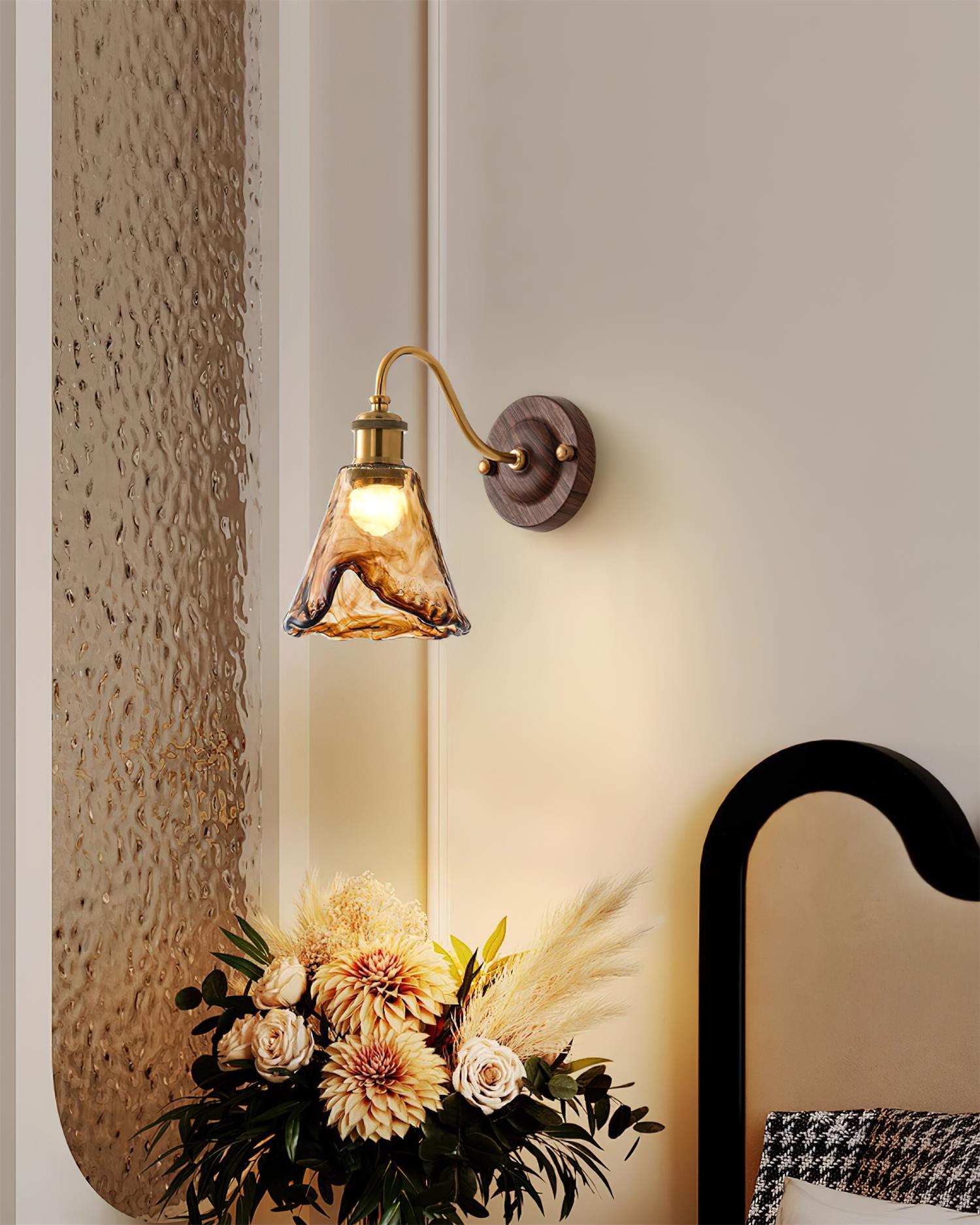 Nalia Wall Lamp Amber Glass Walnut Gold Vintage-Neutral Decor