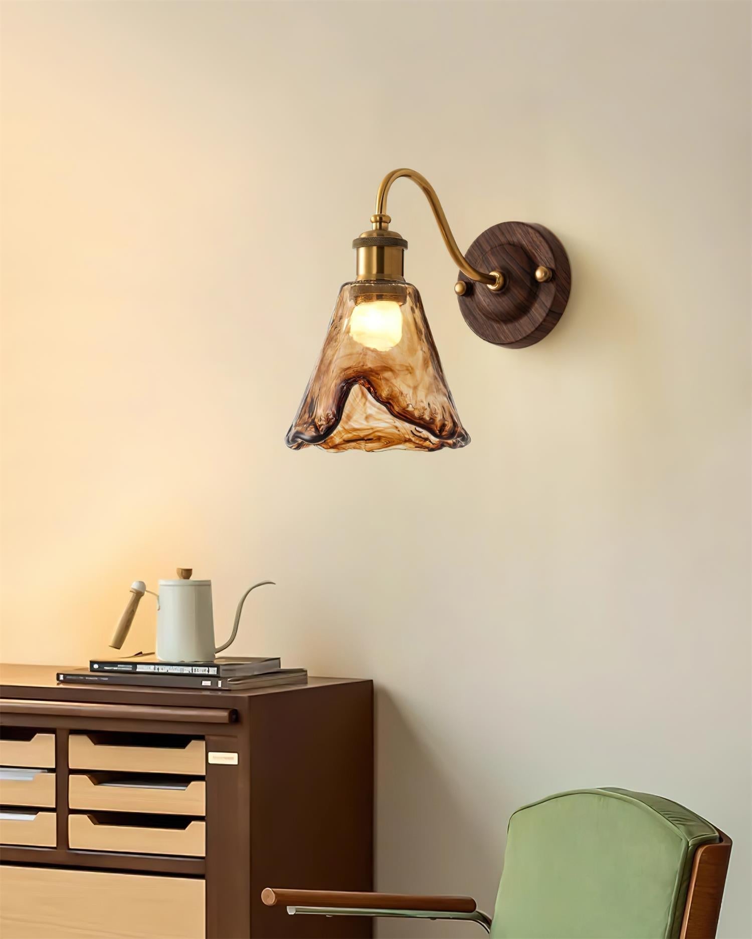 Nalia Wall Lamp Amber Glass Walnut Gold Vintage-Neutral Decor