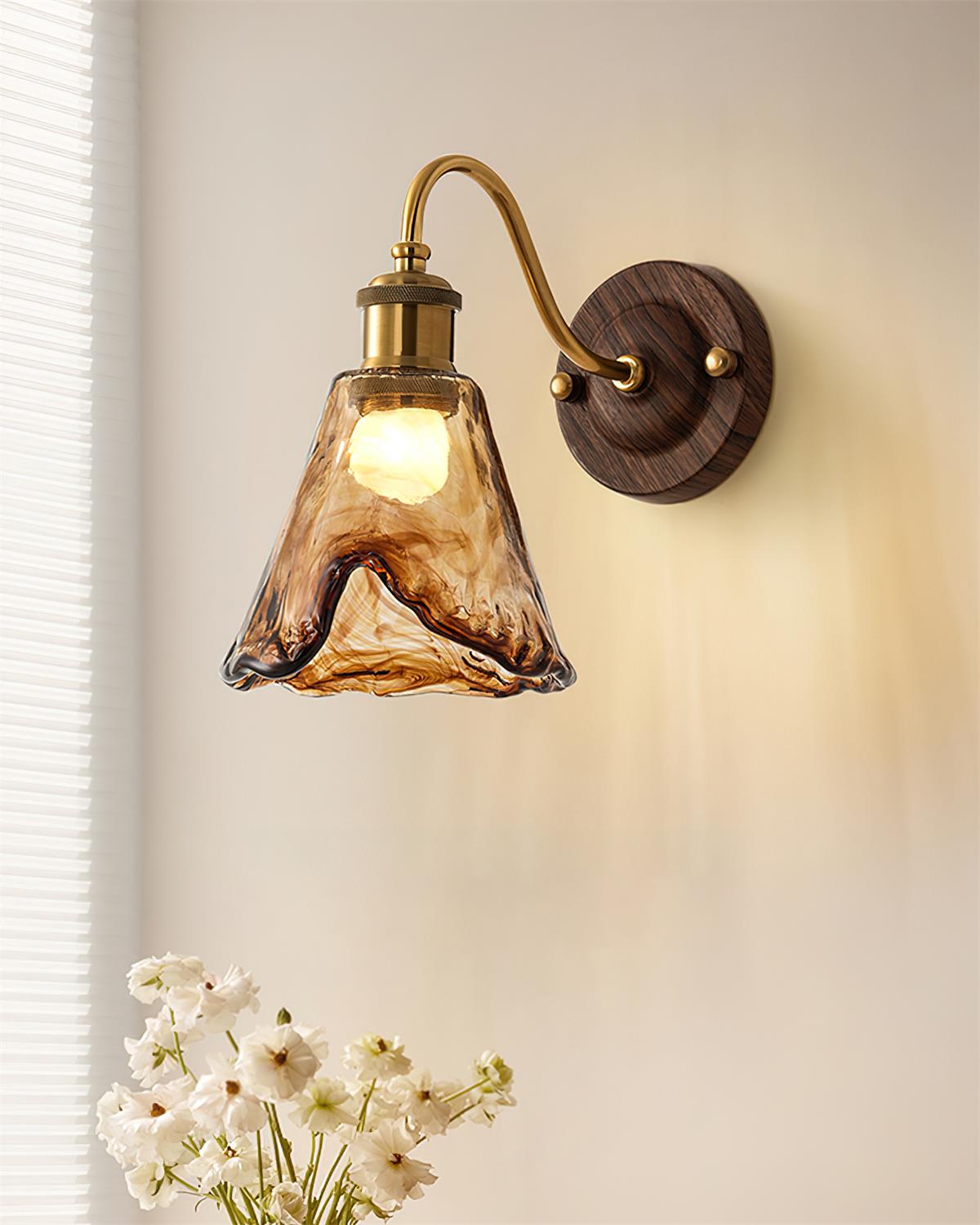 Nalia Wall Lamp Amber Glass Walnut Gold Vintage-Neutral Decor