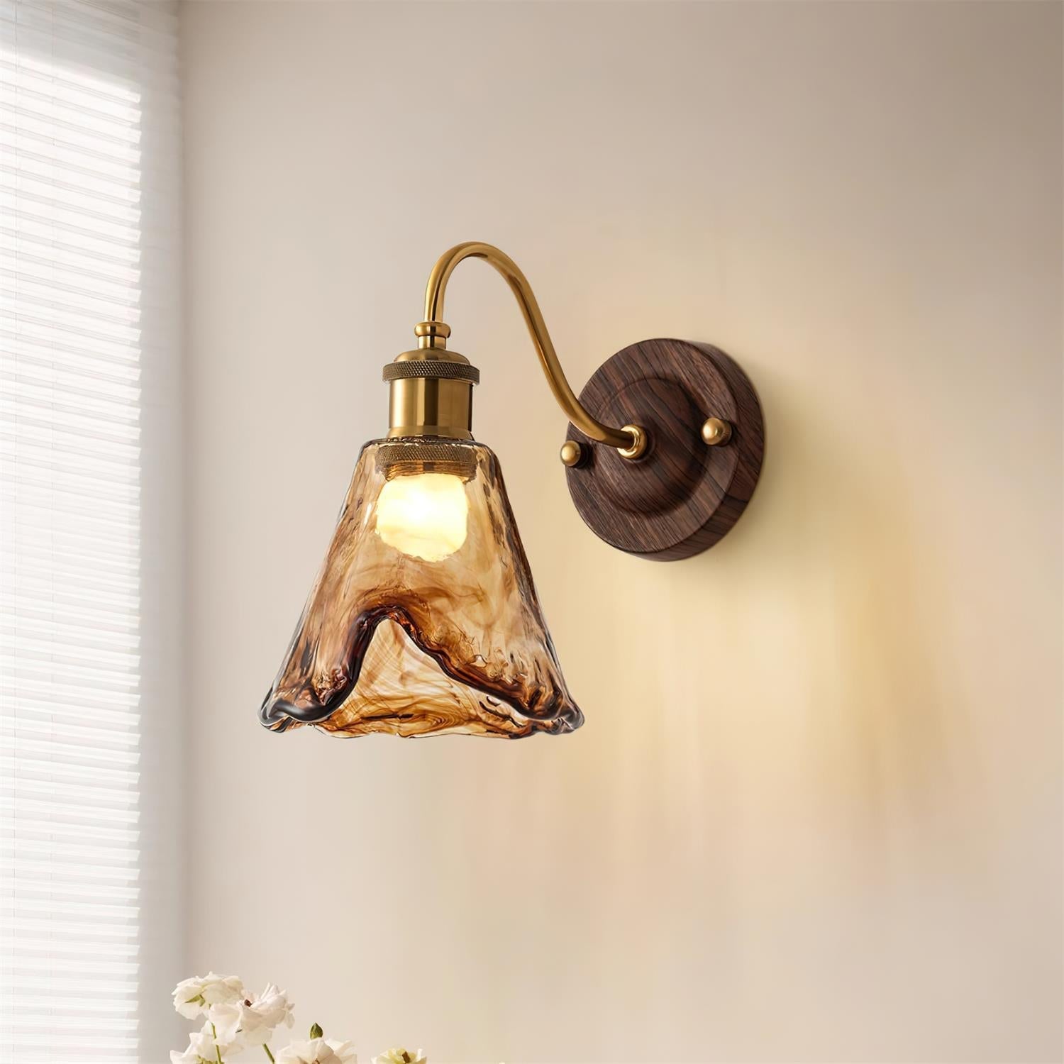 Nalia Wall Lamp Amber Glass Walnut Gold Vintage-Neutral Decor