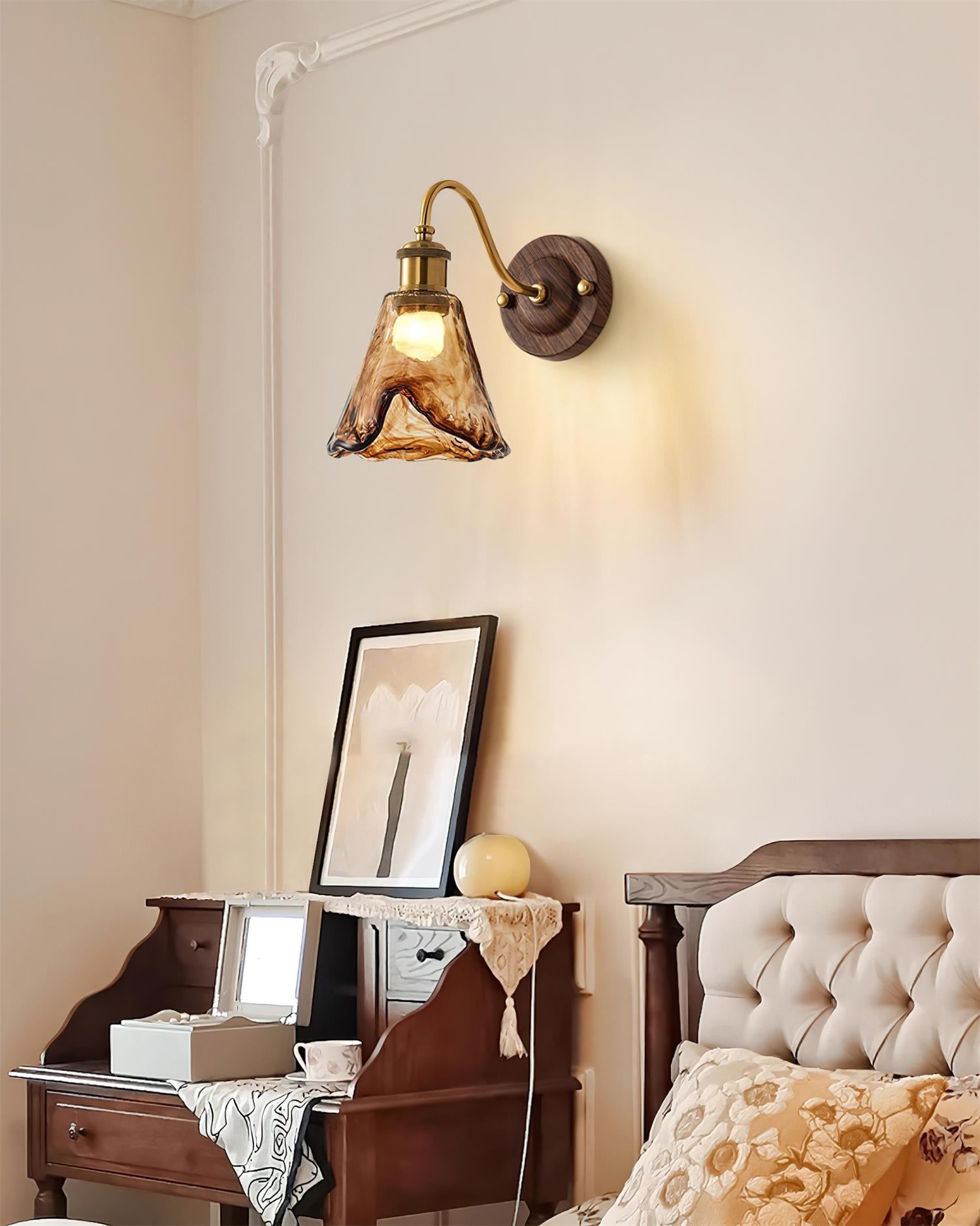 Wall Lamp Amber Glass Shade Walnut Gold Vintage Modern Sconce