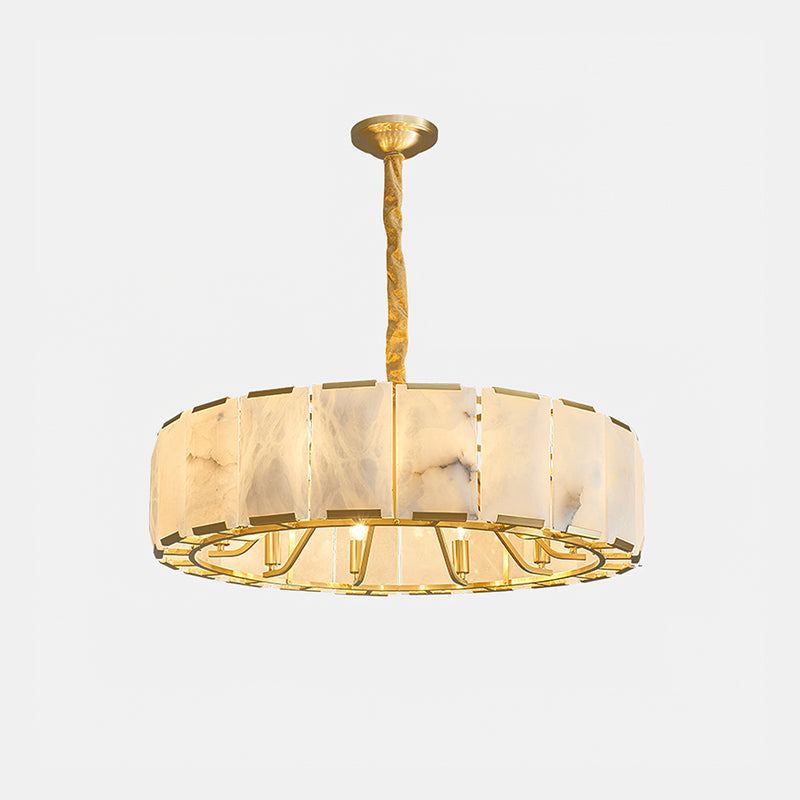The warm, ambient light glowing through the alabaster shades.