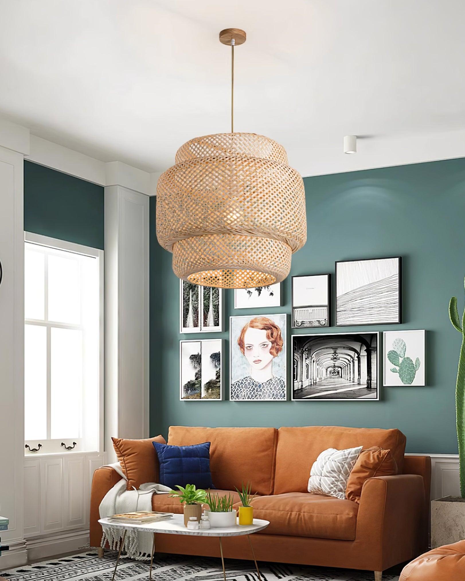 Pendant Lamp Double Layer Woven Bamboo Shade Organic Natural