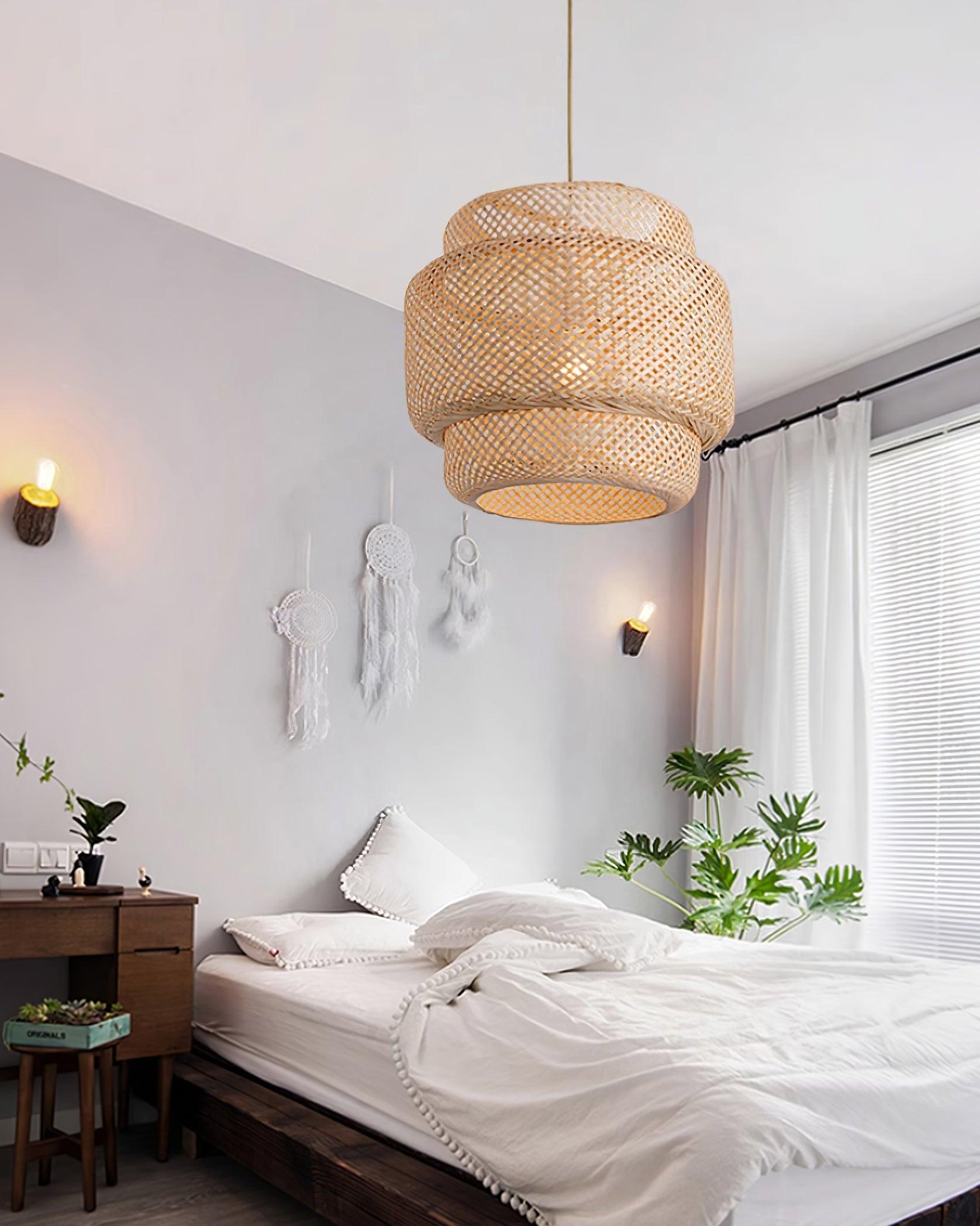 Pendant Lamp Double Layer Woven Bamboo Shade Organic Natural