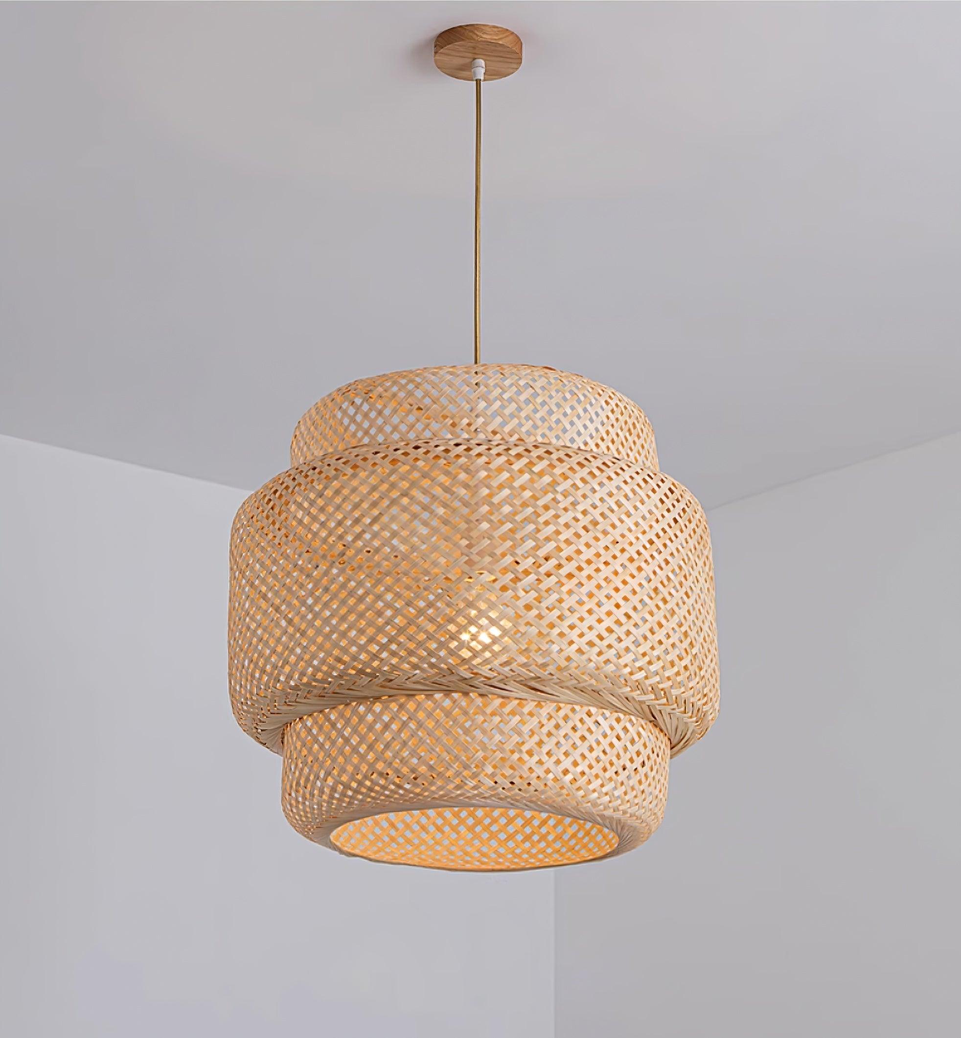 Pendant Lamp Double Layer Woven Bamboo Shade Organic Natural