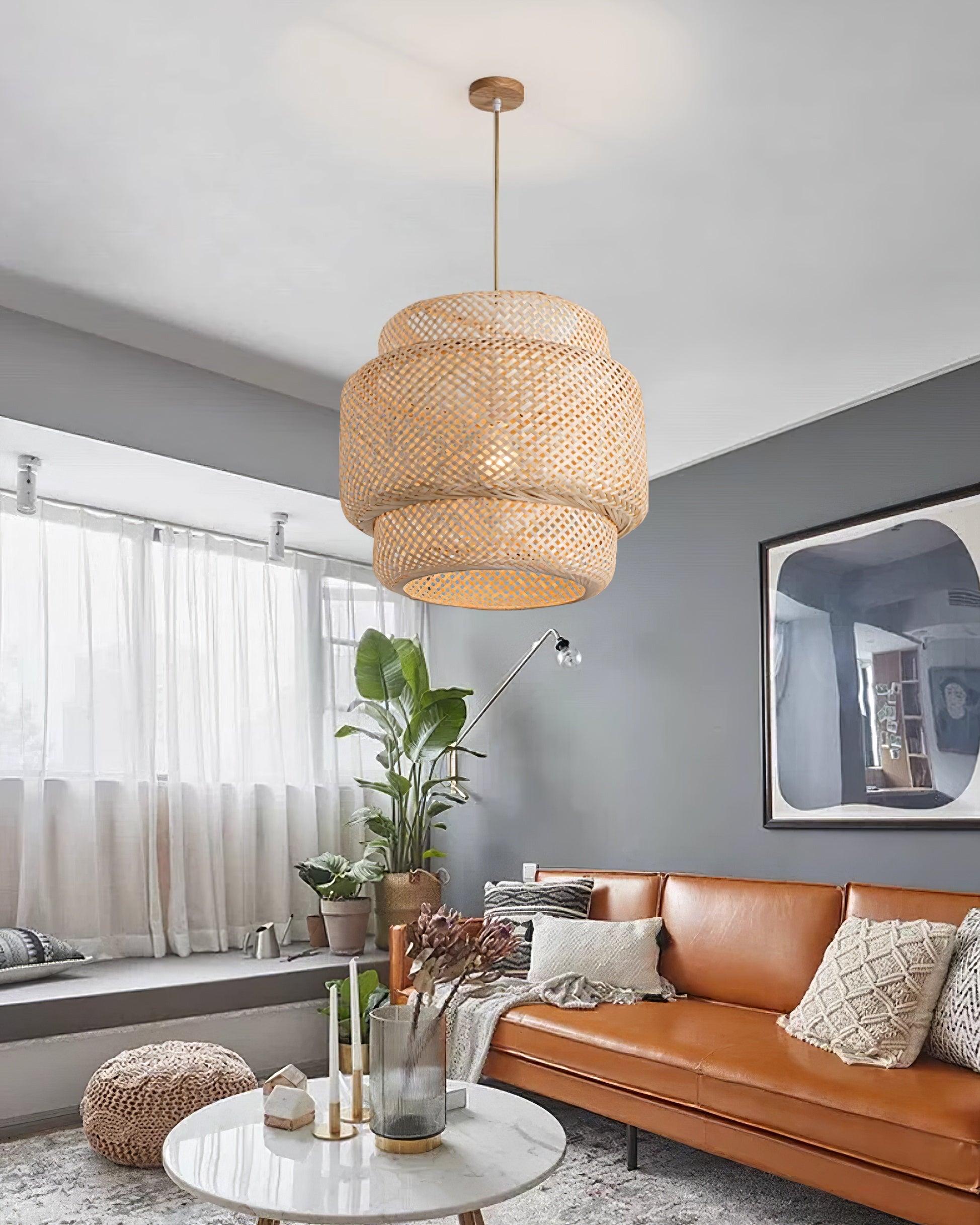 Pendant Lamp Double Layer Woven Bamboo Shade Organic Natural
