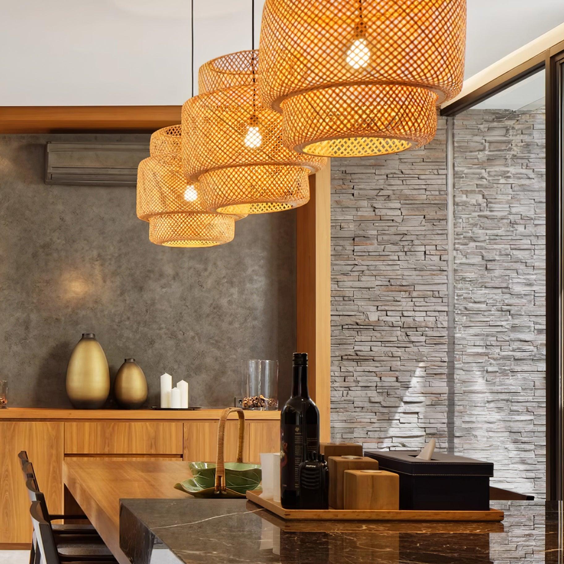 Pendant Lamp Double Layer Woven Bamboo Shade Organic Natural