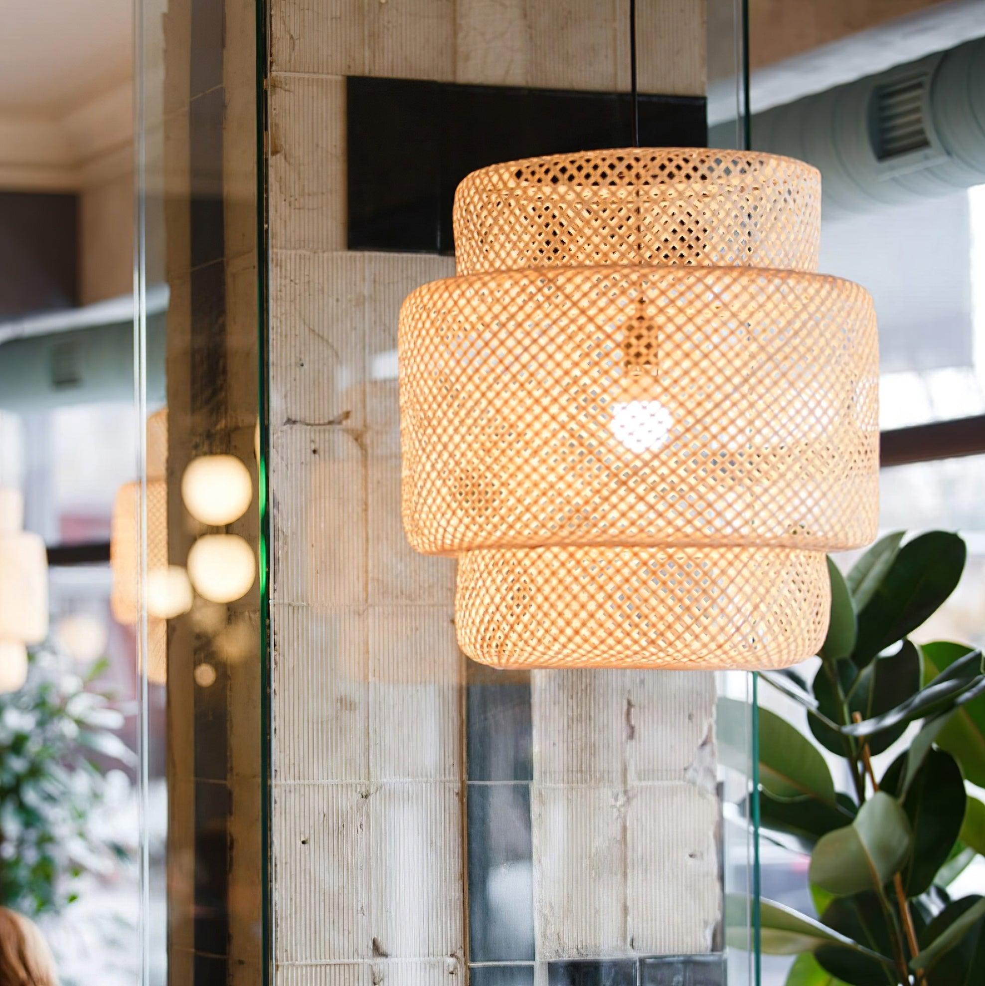 Pendant Lamp Double Layer Woven Bamboo Shade Organic Natural
