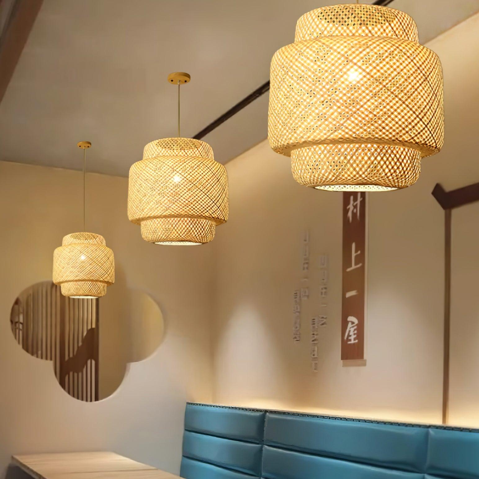Pendant Lamp Double Layer Woven Bamboo Shade Organic Natural