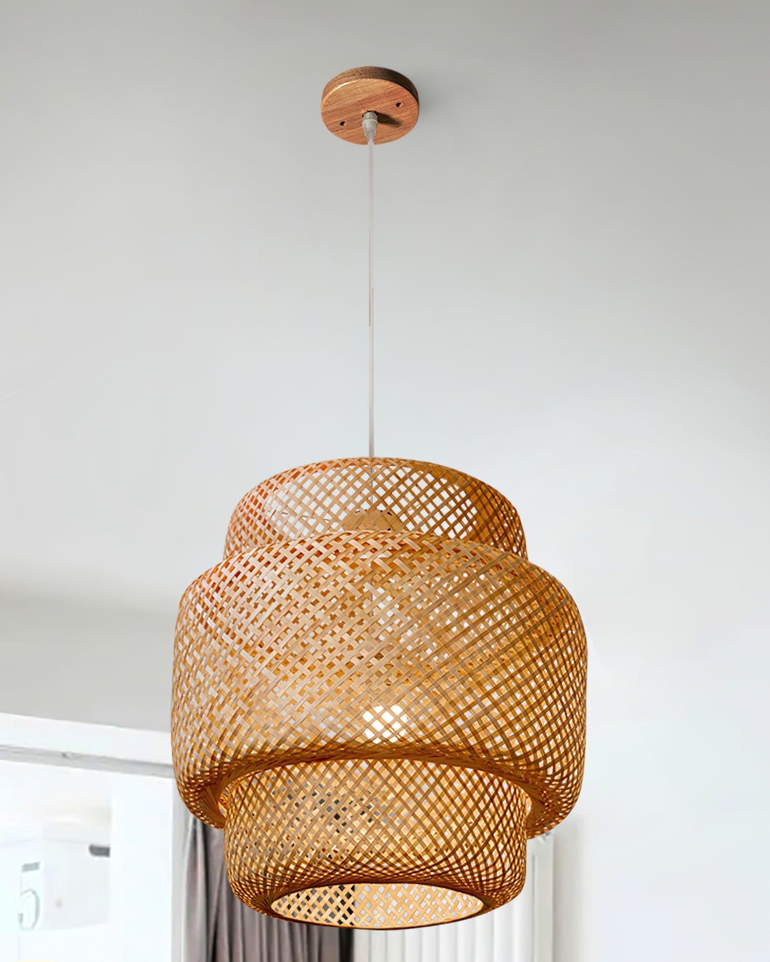 Pendant Lamp Double Layer Woven Bamboo Shade Organic Natural
