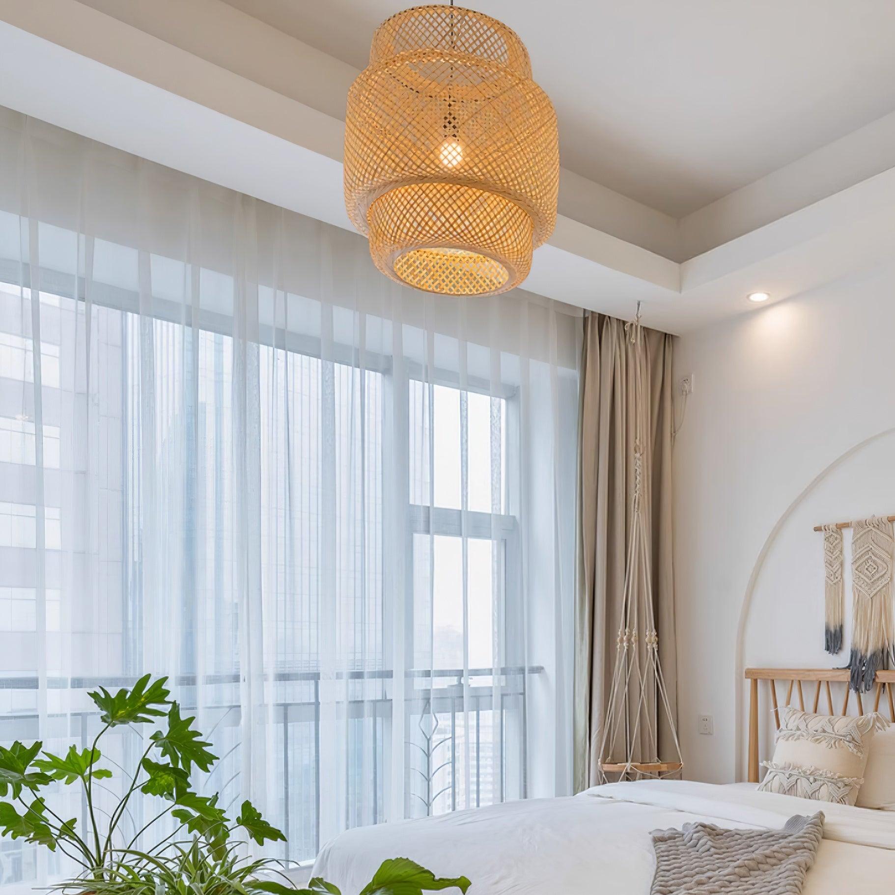 Pendant Lamp Double Layer Woven Bamboo Shade Organic Natural