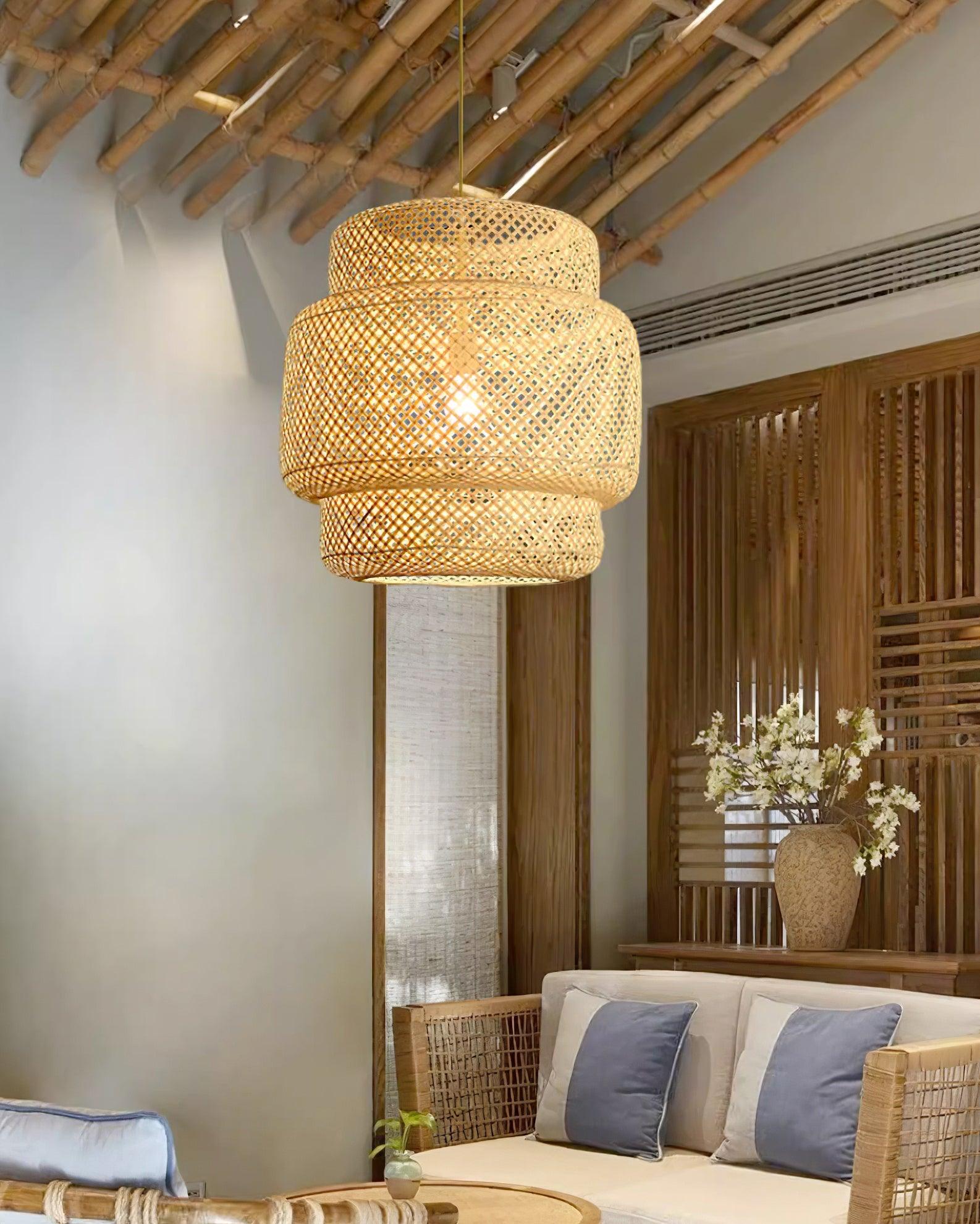 Pendant Lamp Double Layer Woven Bamboo Shade Organic Natural