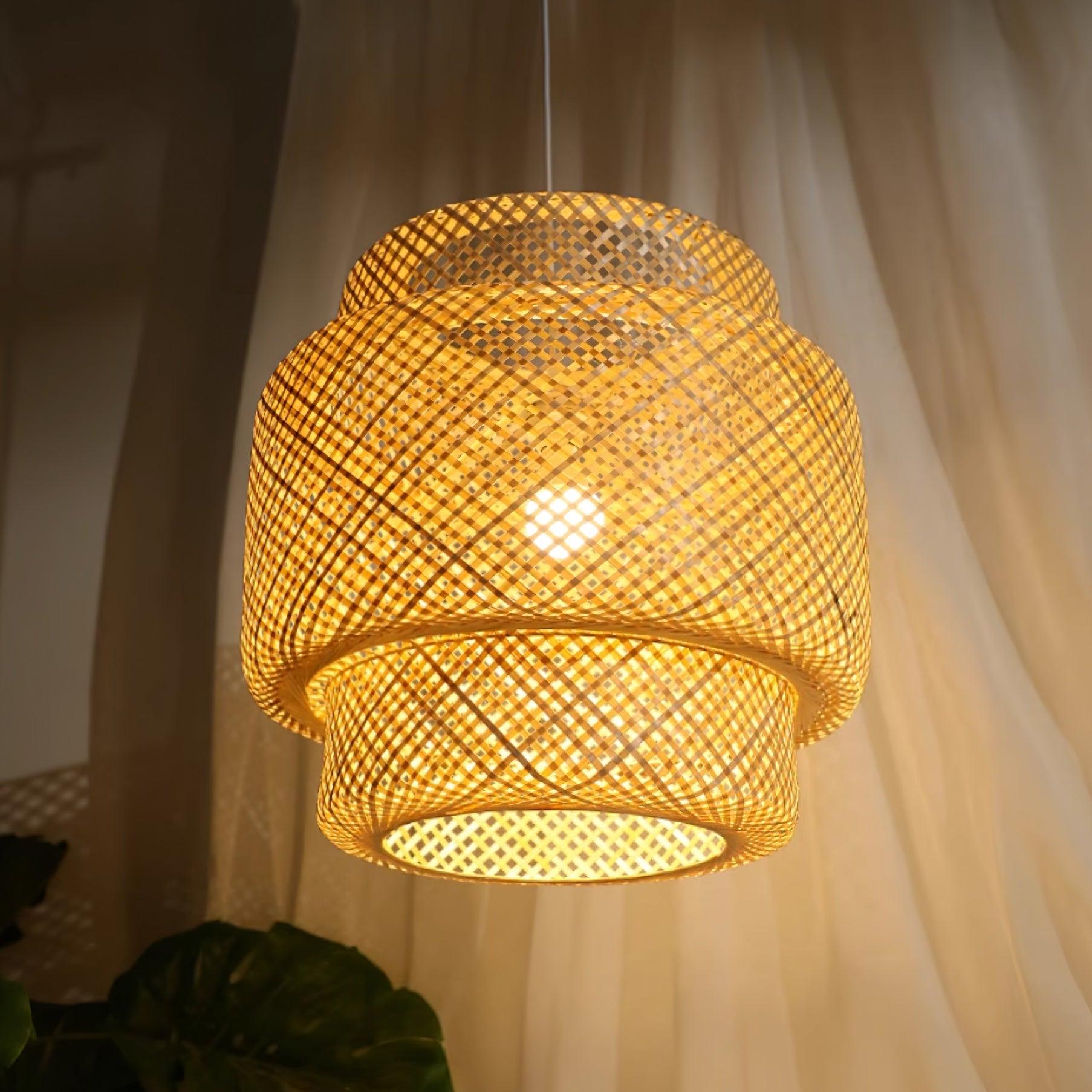Pendant Lamp Double Layer Woven Bamboo Shade Organic Natural