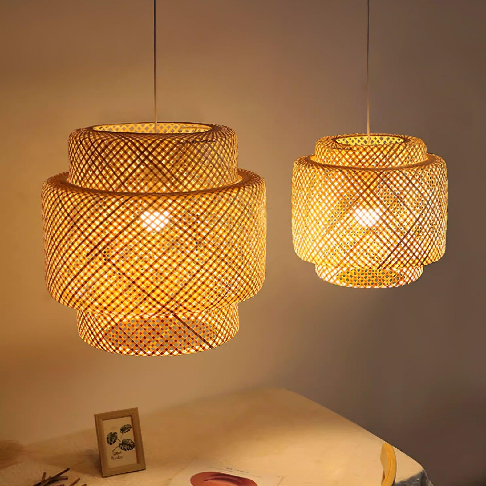 Pendant Lamp Double Layer Woven Bamboo Shade Organic Natural