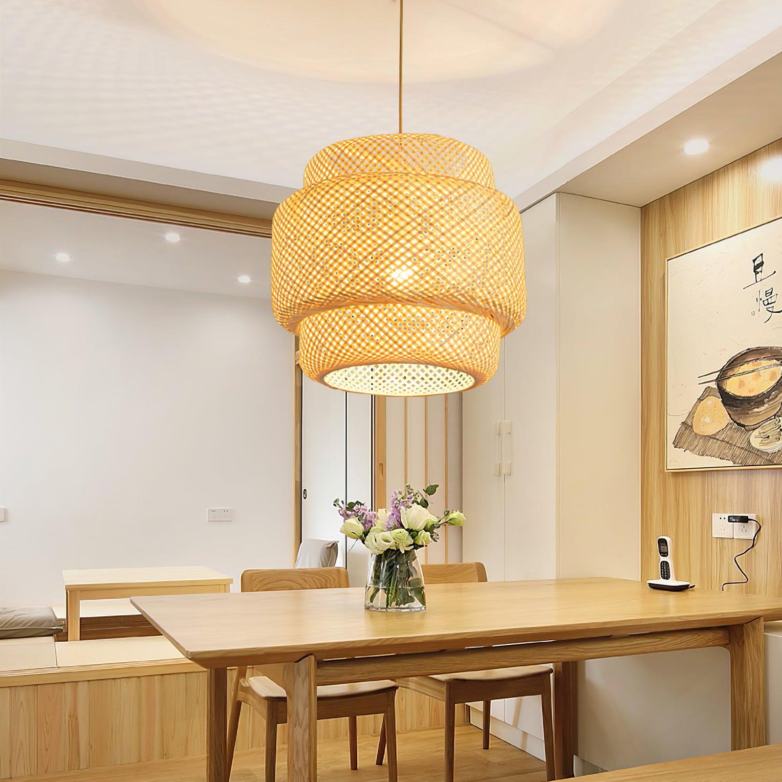 Pendant Lamp Double Layer Woven Bamboo Shade Organic Natural