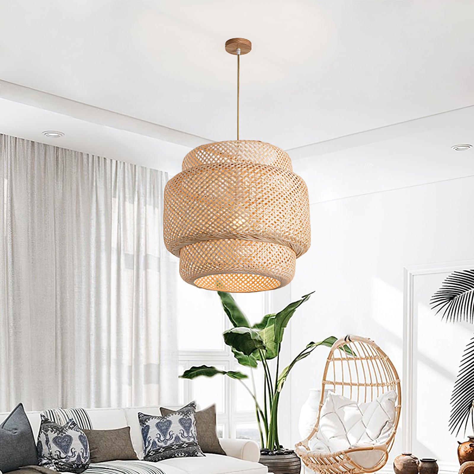 Pendant Lamp Double Layer Woven Bamboo Shade Organic Natural