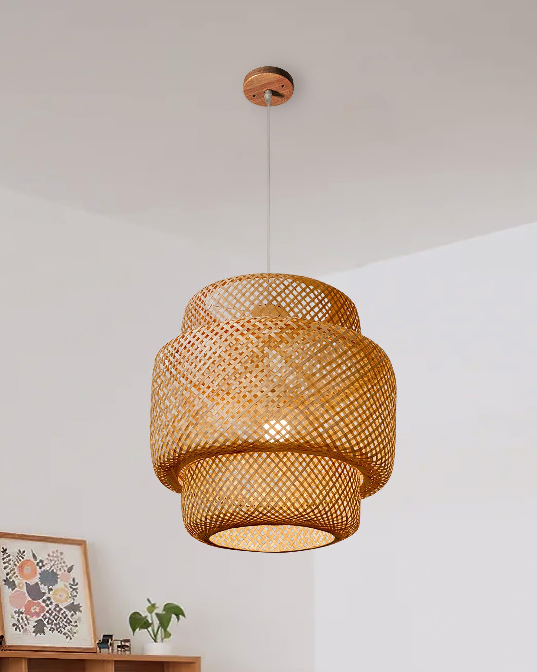 Pendant Lamp Double Layer Woven Bamboo Shade Organic Natural