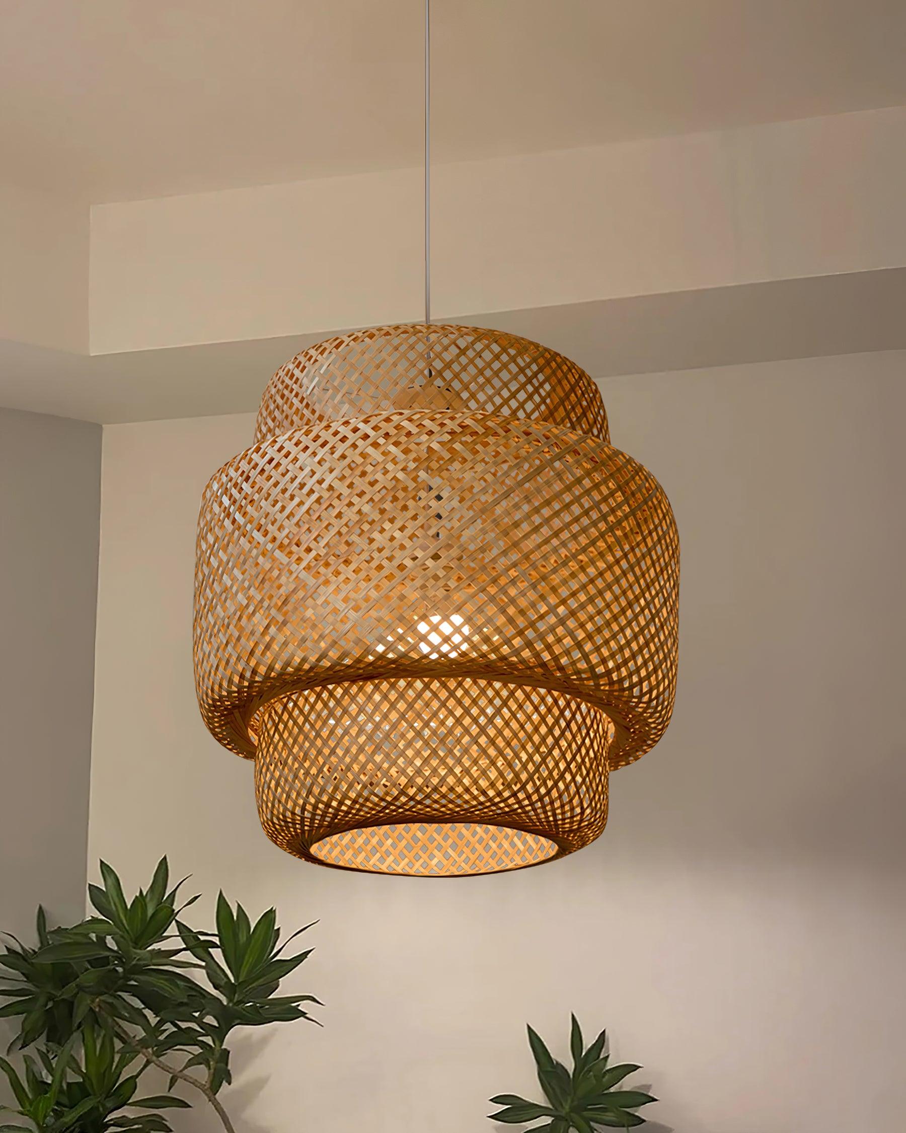 Pendant Lamp Double Layer Woven Bamboo Shade Organic Natural