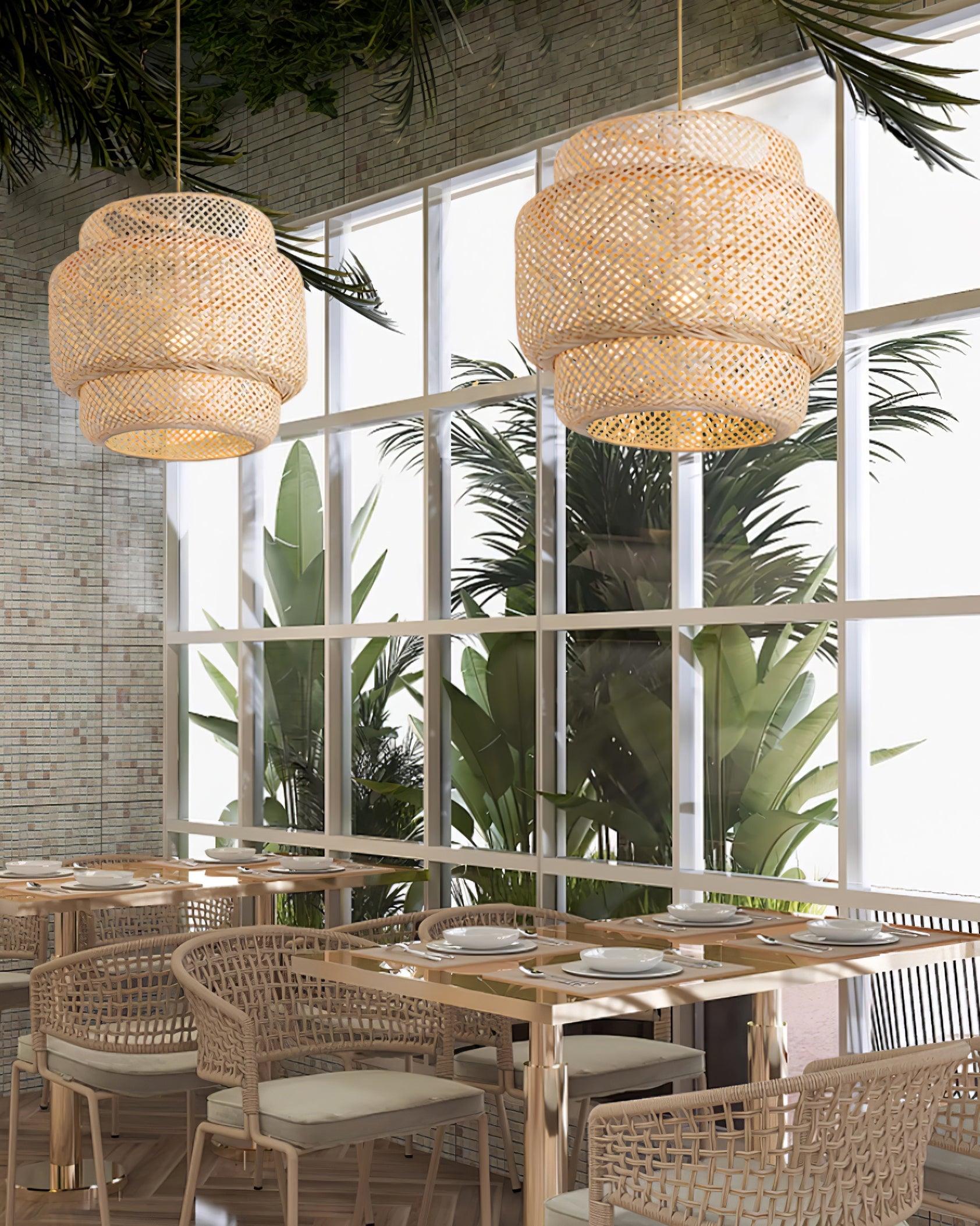 Pendant Lamp Double Layer Woven Bamboo Shade Organic Natural