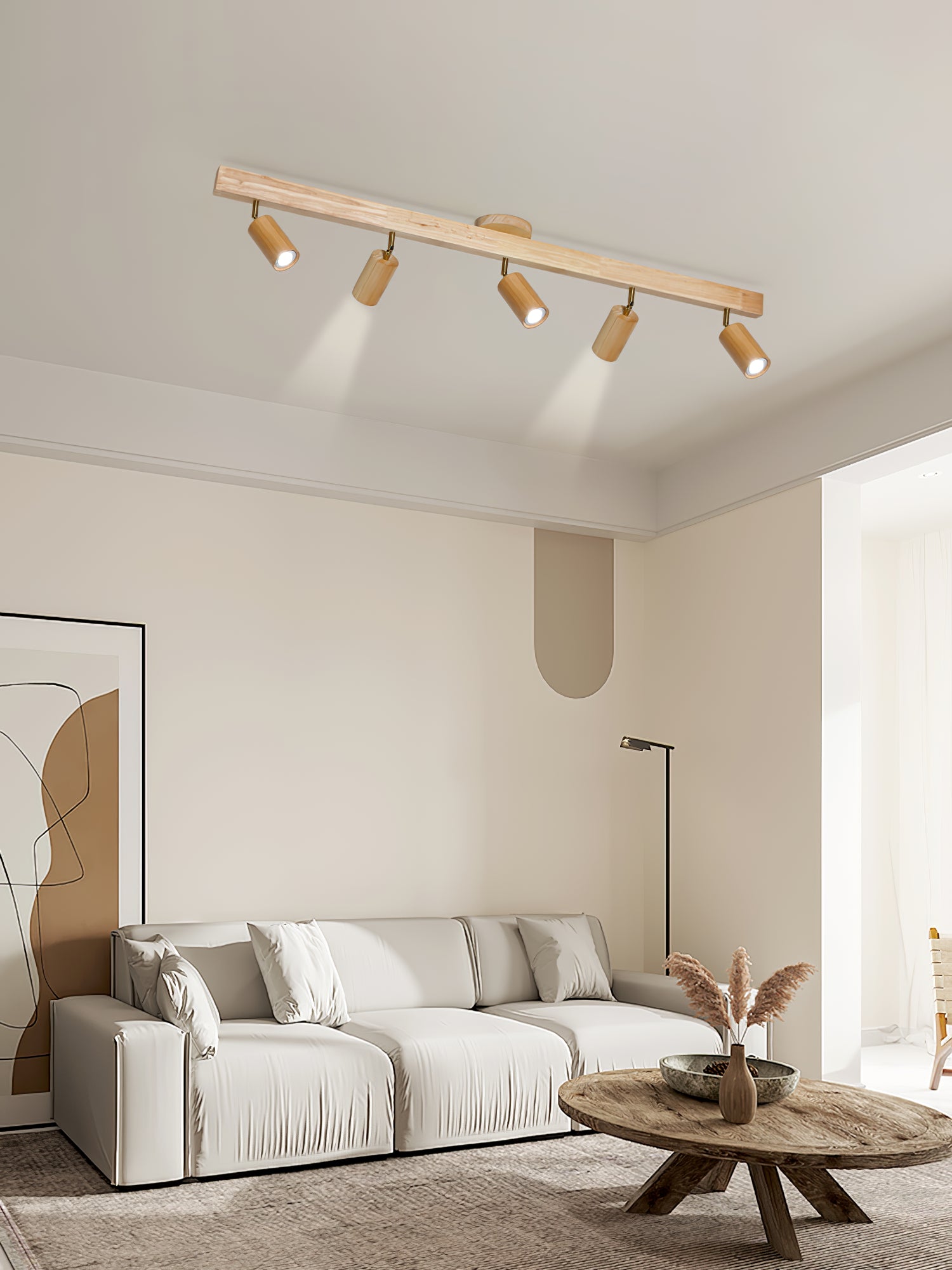 Solara Ceiling Lamp Natural Wood Beam with Spotlight-Neutral Decor