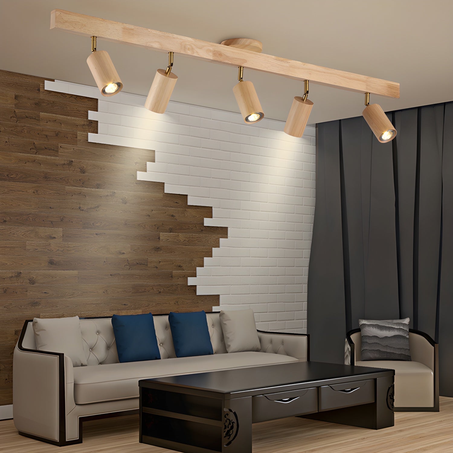 Solara Ceiling Lamp Natural Wood Beam with Spotlight-Neutral Decor