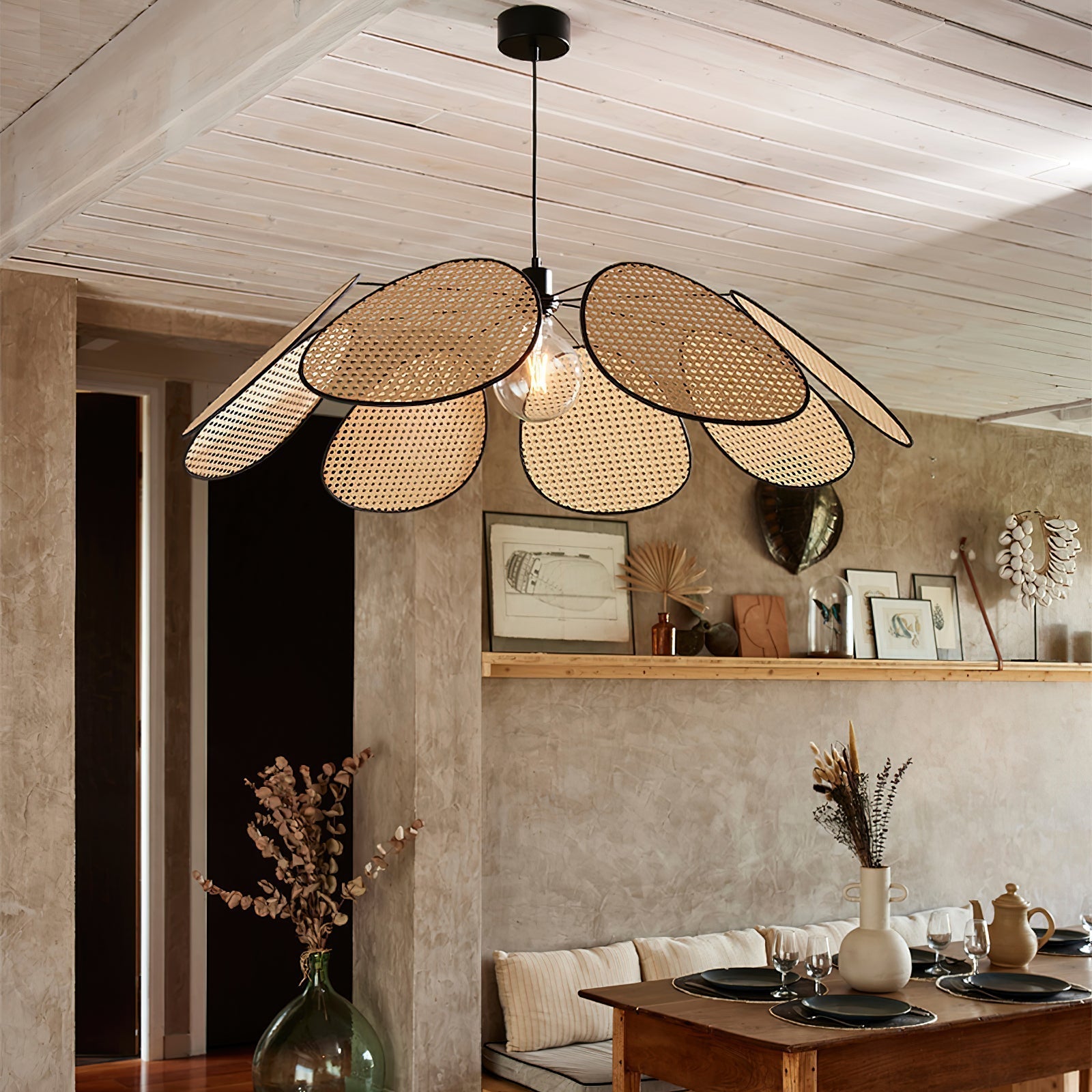 Chandelier with Rattan Petals and Metal Frame Ambient Bohemian