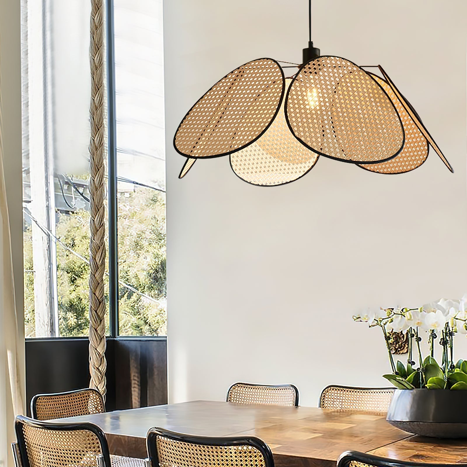 Chandelier with Rattan Petals and Metal Frame Ambient Bohemian