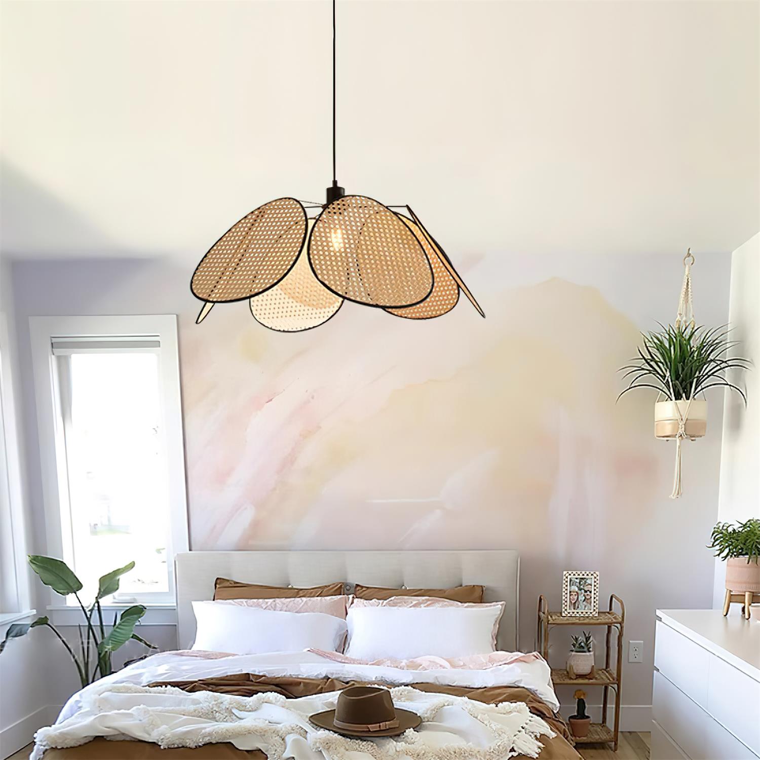 Chandelier with Rattan Petals and Metal Frame Ambient Bohemian