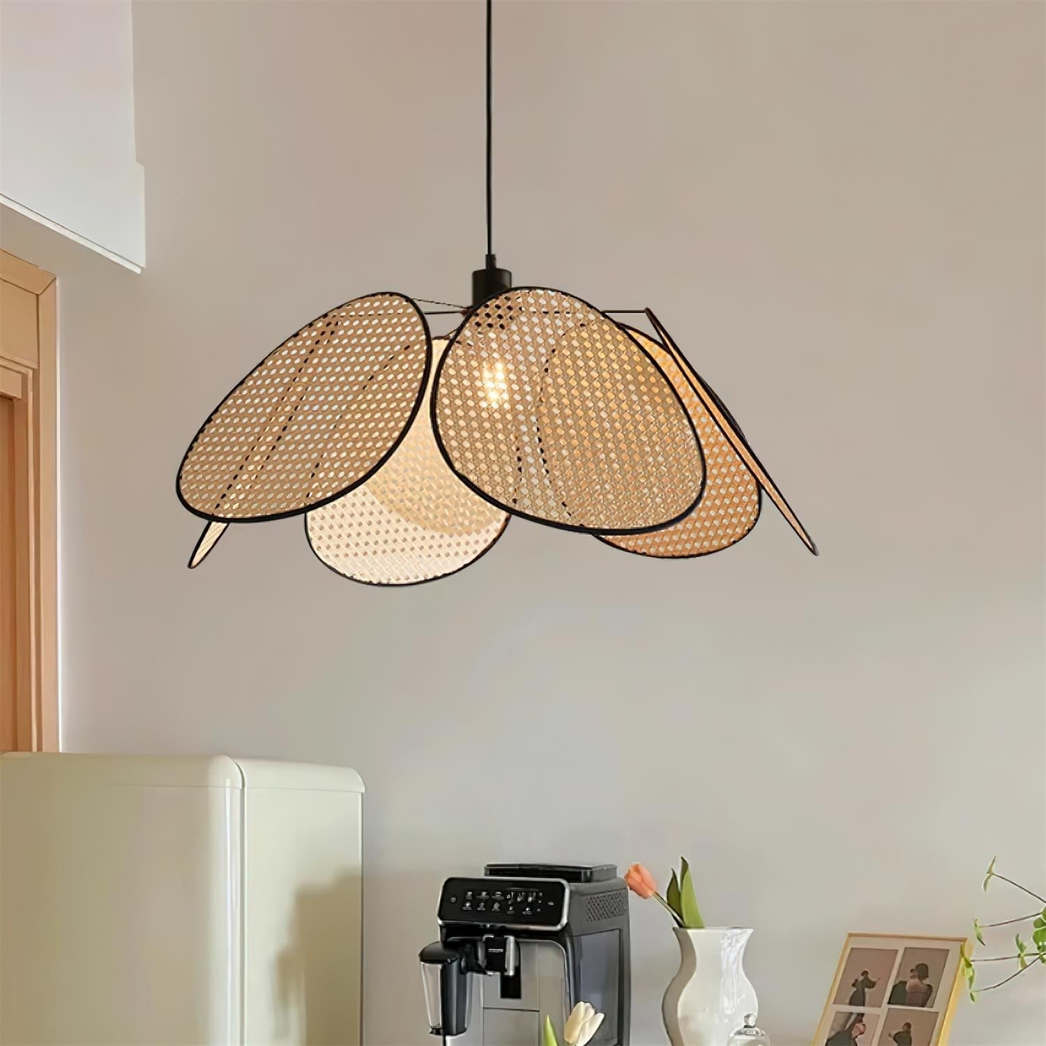 Chandelier with Rattan Petals and Metal Frame Ambient Bohemian