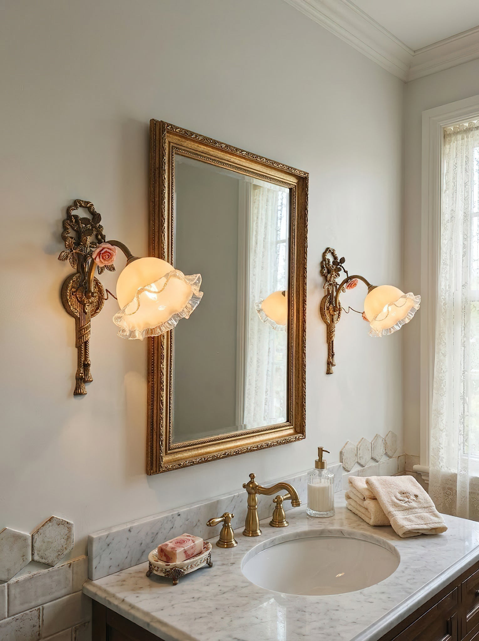 Close-up of the ceramic flower detail on the Neiman Wall Lamp.