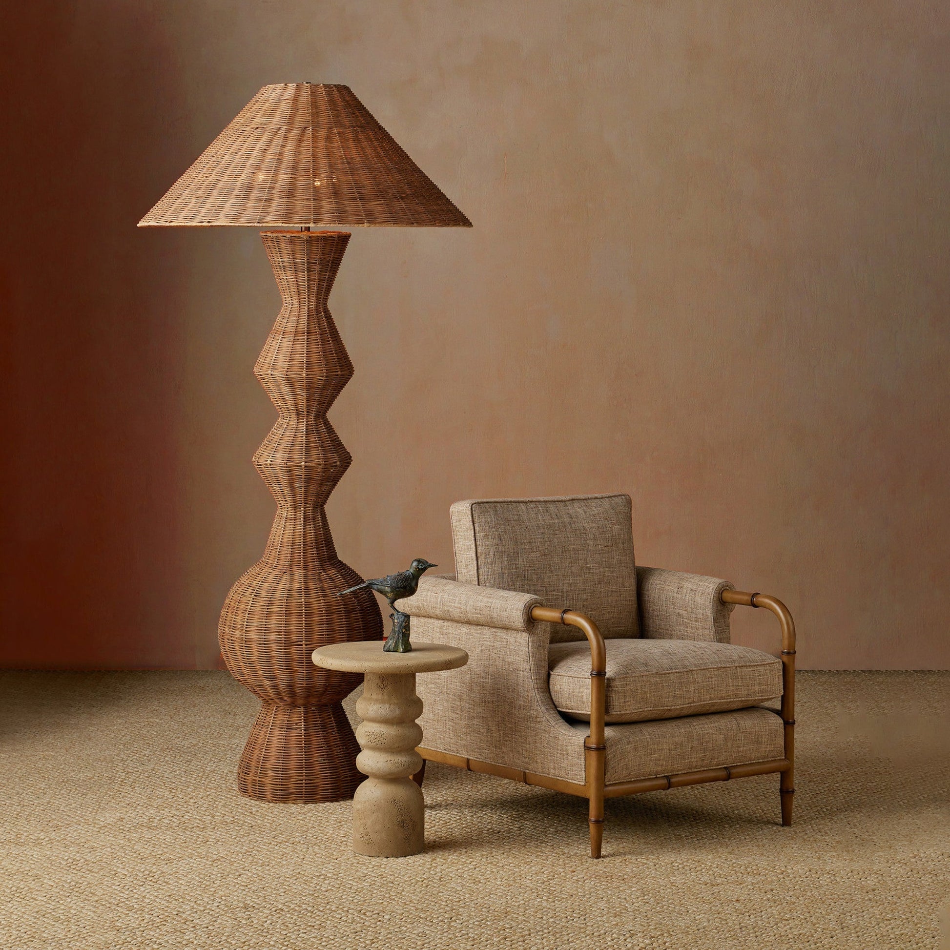 The lamp casting a warm, textured glow in a dimly lit room.