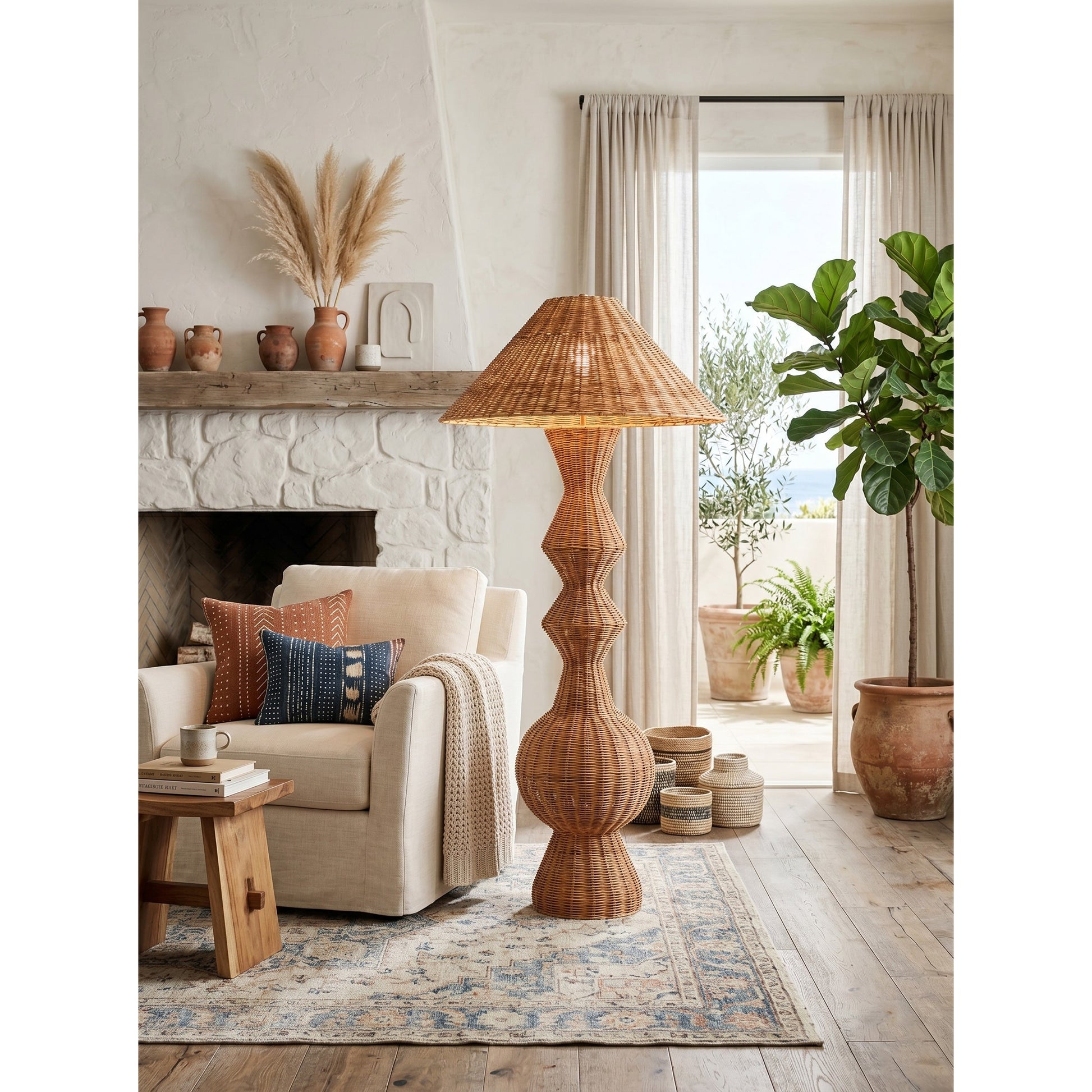 The lamp in a coastal-themed bedroom setting.
