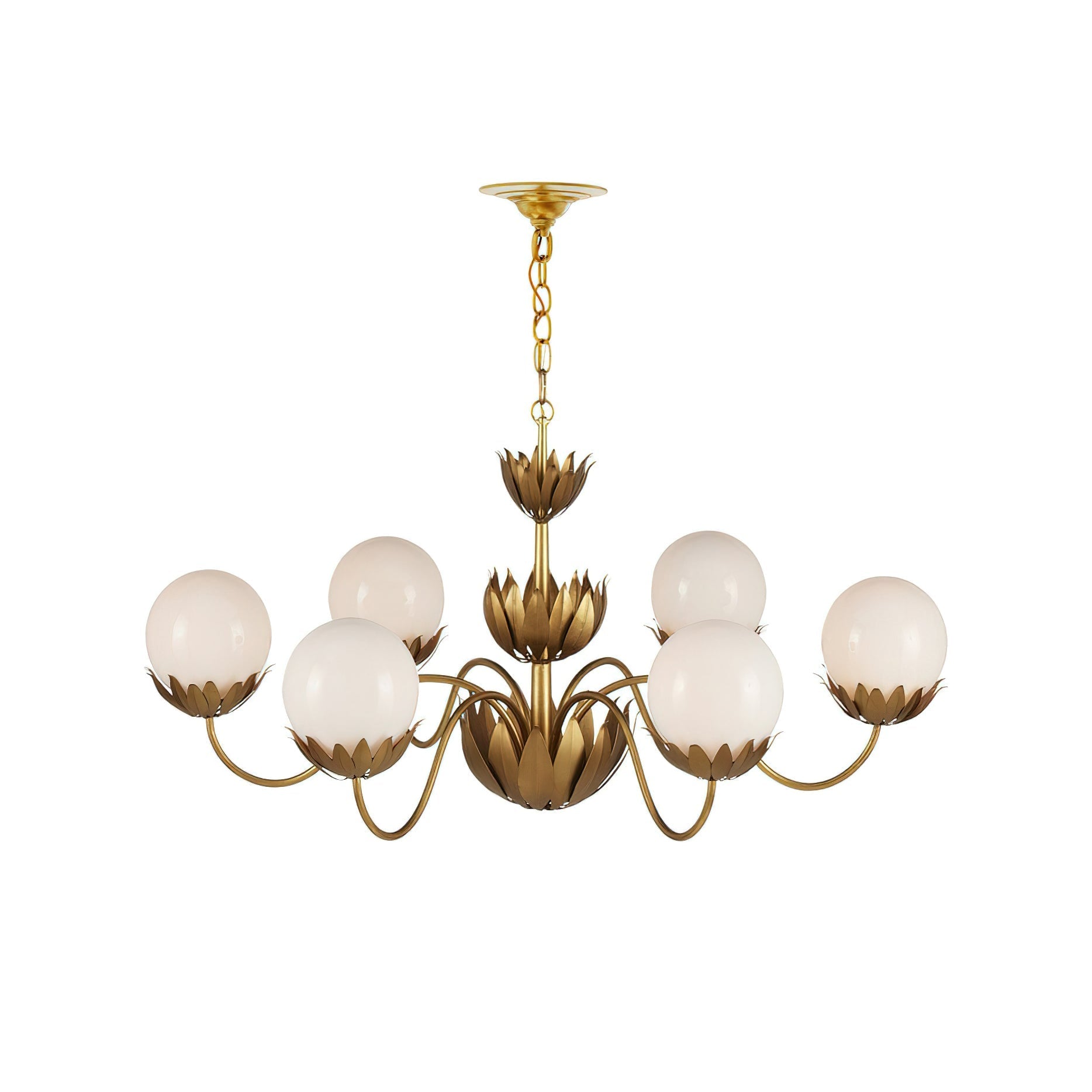 The central body and ceiling mount of the brass Noemie Chandelier.