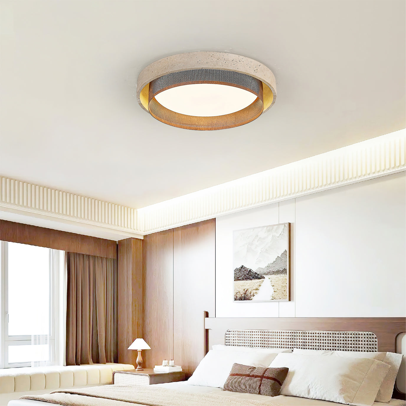 Close-up shot of the natural travertine stone texture on the Nolan ceiling light.