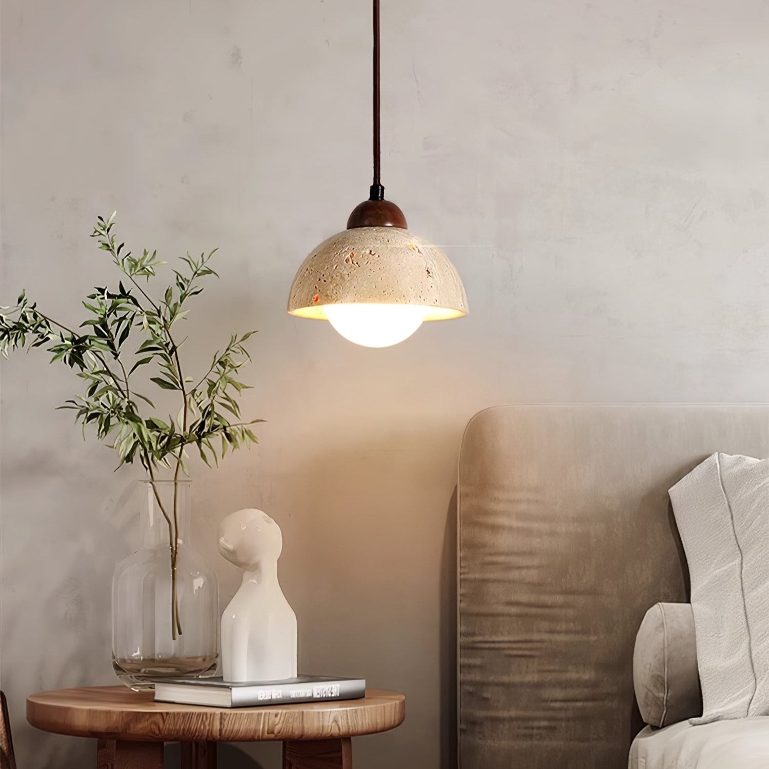 Lunex Dome-Shaped Travertine Pendant Light-Neutral Decor