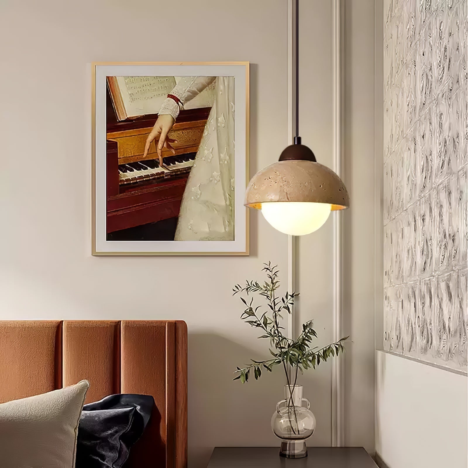 Lunex Dome-Shaped Travertine Pendant Light-Neutral Decor