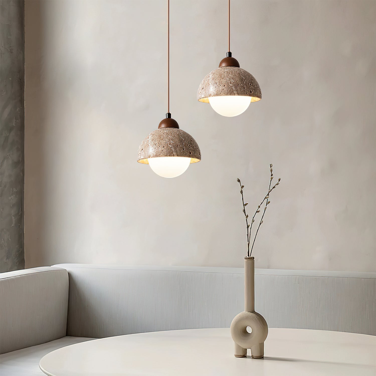 Lunex Dome-Shaped Travertine Pendant Light-Neutral Decor
